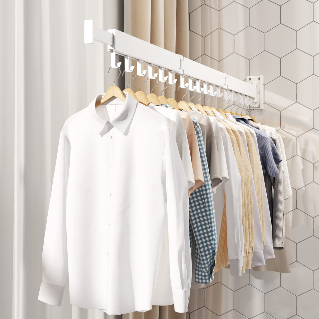 HEILAIYI Clothes Drying Rack for Laundry,Wall Mounted Clothes Hanger Rack,Folding,Retractable,Collapsible(J Shape Hooks)