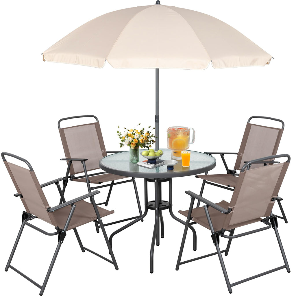 Vongrasig 6 Piece Folding Patio Dining Set,Small Metal Outdoor Garden Patio Table and Chair Set w/Umbrella for Lawn,Deck,Backyard,Black