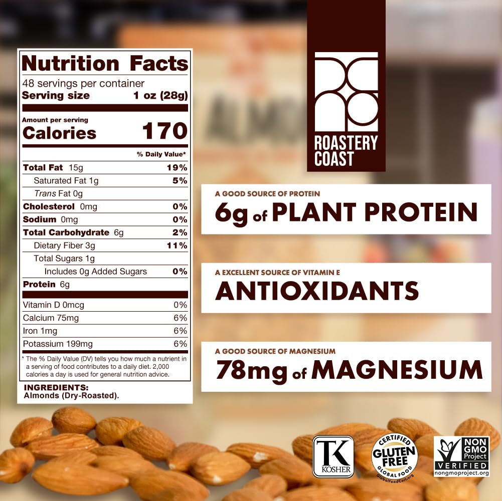 Roastery Coast - Daily Nuts Just Roasted Almonds | Almonds Bulk 3 LB | Unsalted Nuts| Slow Dry Roasted | Steam Pasteurized | Plant Protein | Gluten Free | Non-GMO | Low carb | Keto Snack | Prime Snack