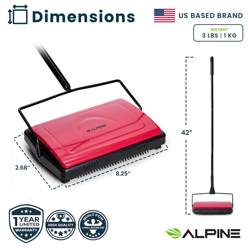Alpine Manual Carpet Sweeper Triple Brush – Cordless Non Electric Multi-Surface Floor Brush Hardwood Floor Cleaner Easy Sweeping for Carpeted Floors (Improved Black)