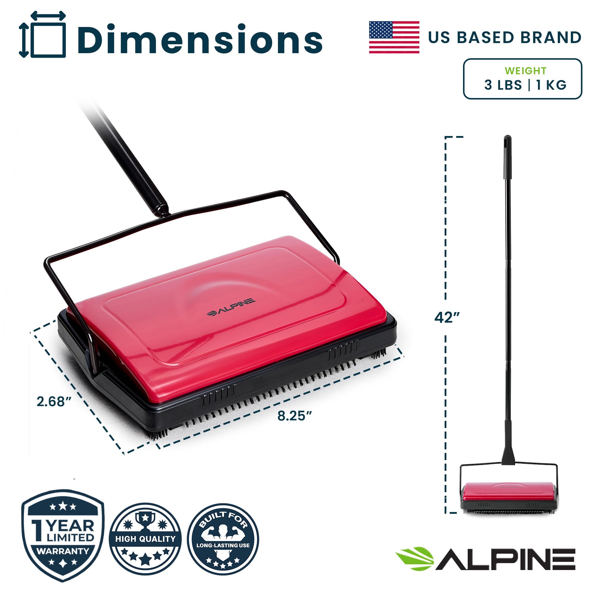 Alpine Manual Carpet Sweeper Triple Brush – Cordless Non Electric Multi-Surface Floor Brush Hardwood Floor Cleaner Easy Sweeping for Carpeted Floors (Improved Black)