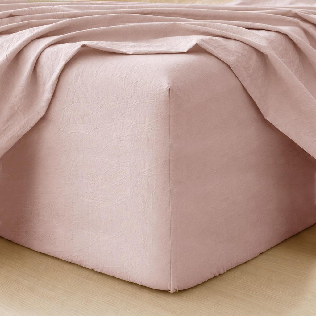 MooMee Fitted Bottom Sheet Only 100% Washed Cotton Linen Like Textured Breathable Durable Soft Comfy Deep Pocket Fits Mattress up to 17" (Almond Milk Grey, Twin)