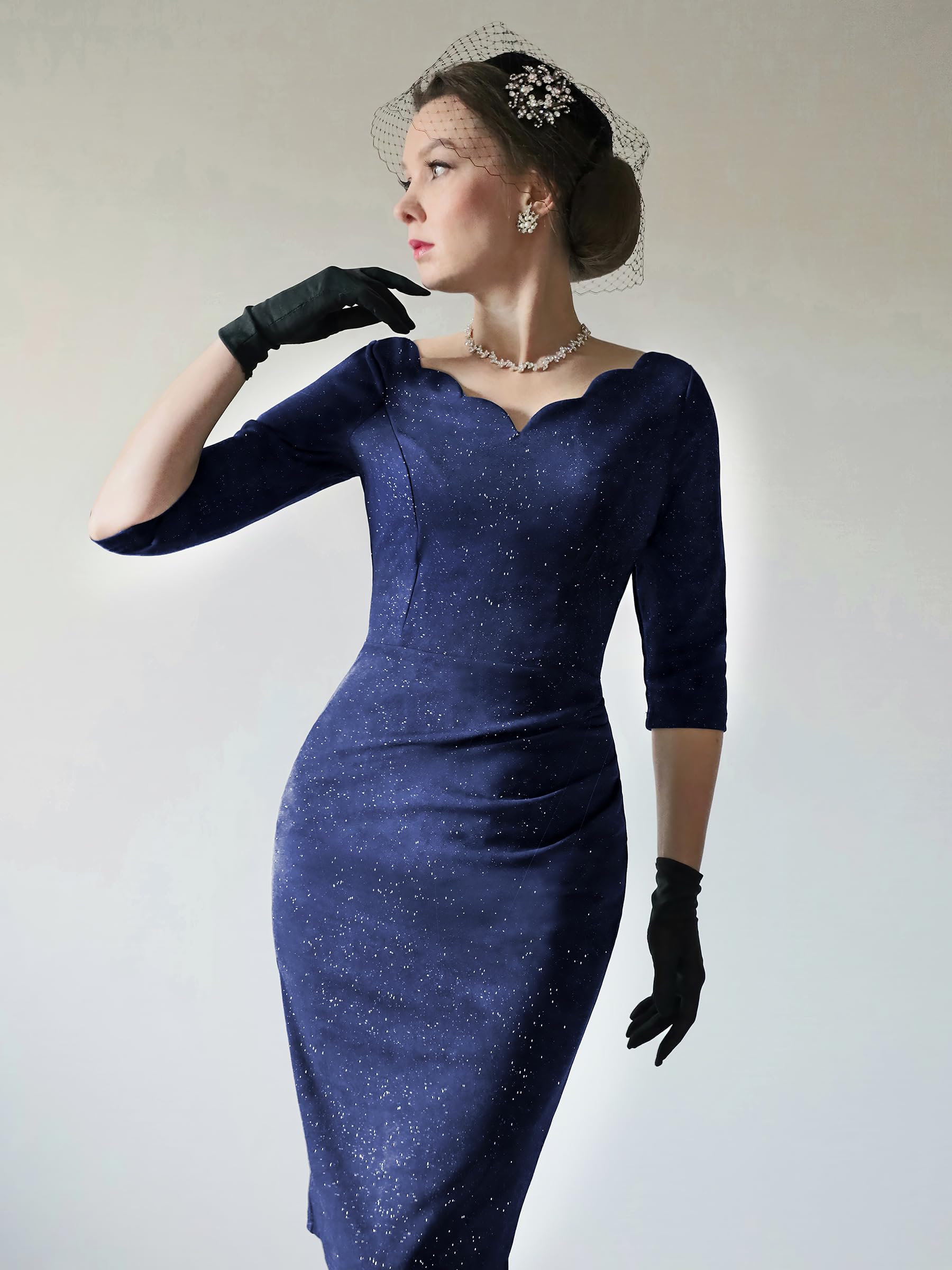 MIUSOL Women's Retro Ruffle Style 3/4 Sleeve Sparkly Cocktail Dress