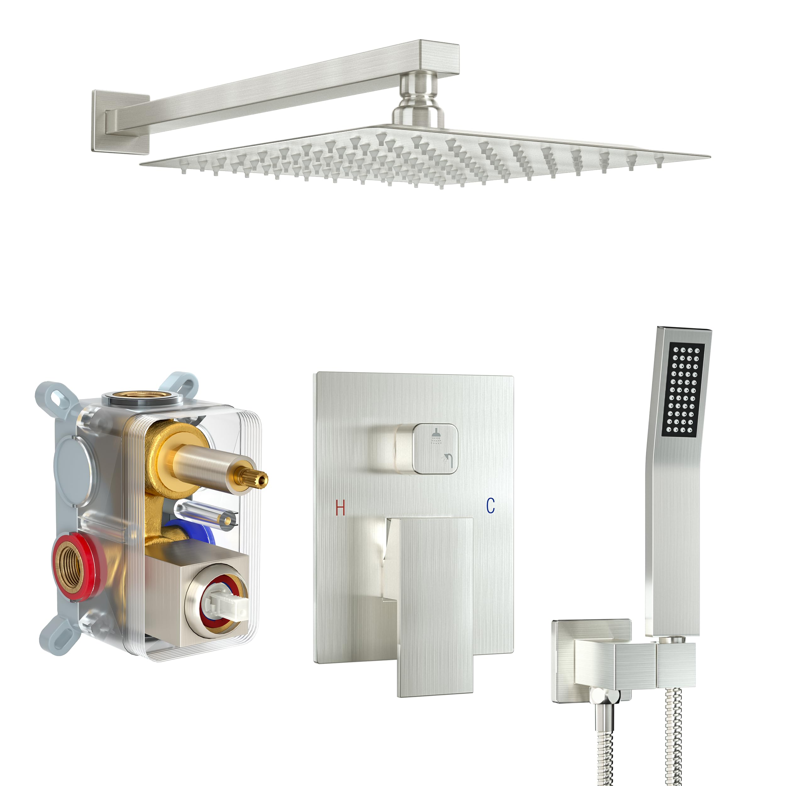Brushed Gold Shower System with 10-Inch Rain Showerhead and Tub Spout | cUPC-certified pressure balance brass valve to prevent scalding, CEC-certified air injection technology for low pressure