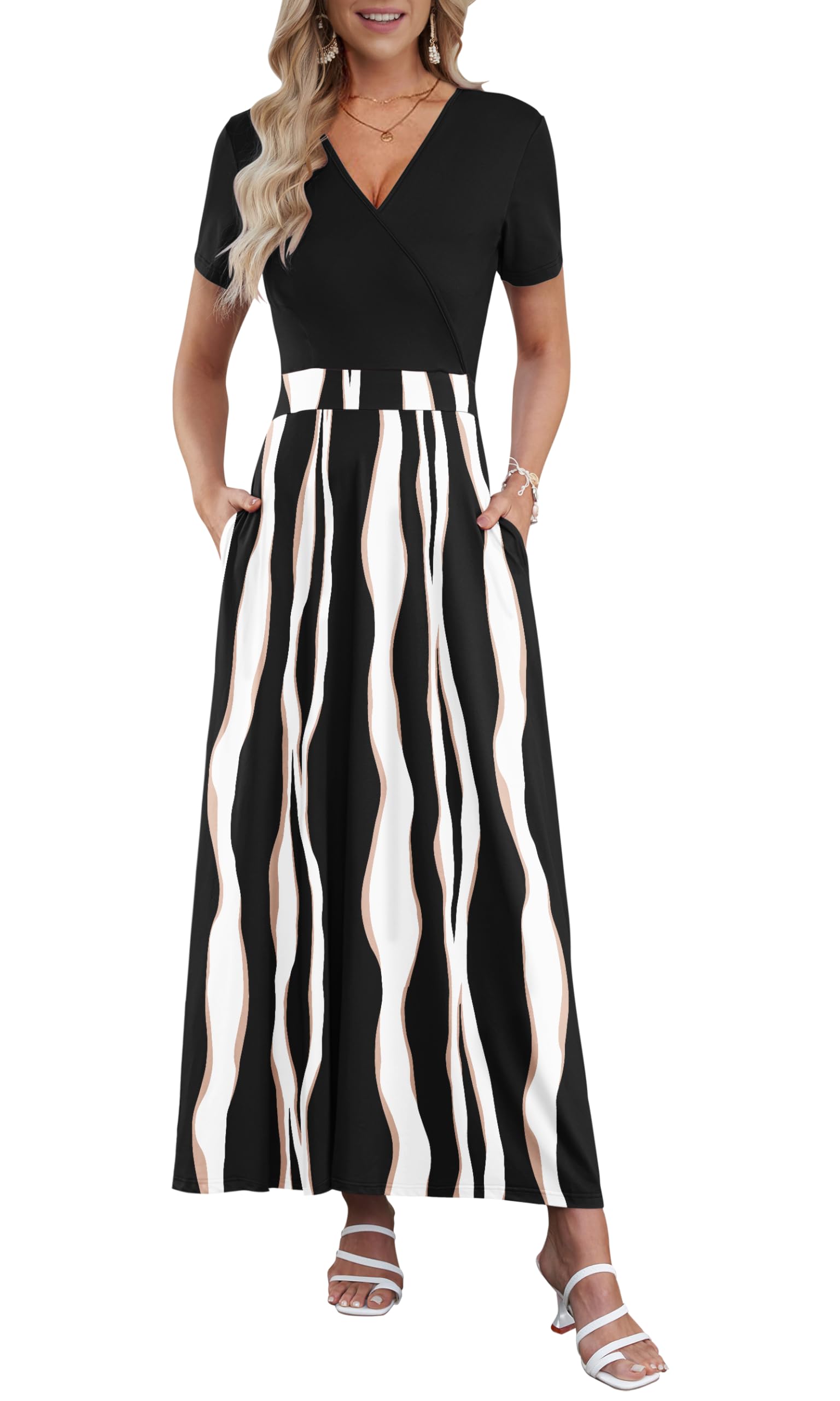 AUSELILY Maxi Dresses for Women Ankle Length Floral Print Beach Long Flowy Dress with Pockets