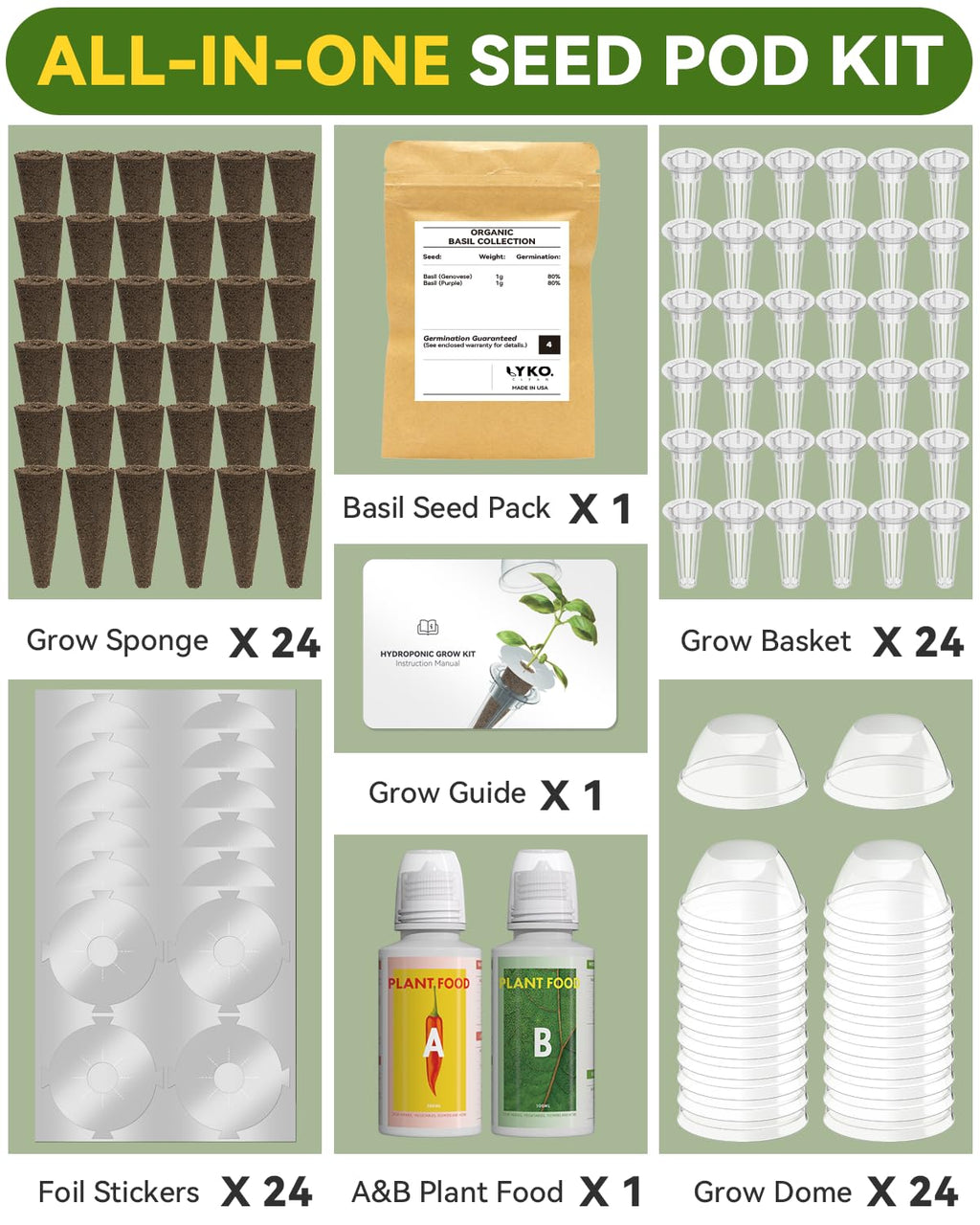 Hydroponics Seed Pod with Genovese Basil & Purple Basil, 8 Pods Complete Kit with Sponge, Basket, Dome, Label, Compatible with AeroGarden, Ahopegarden, GARDENCUBE, iDoo & MUFGA Indoor Smart Gardens