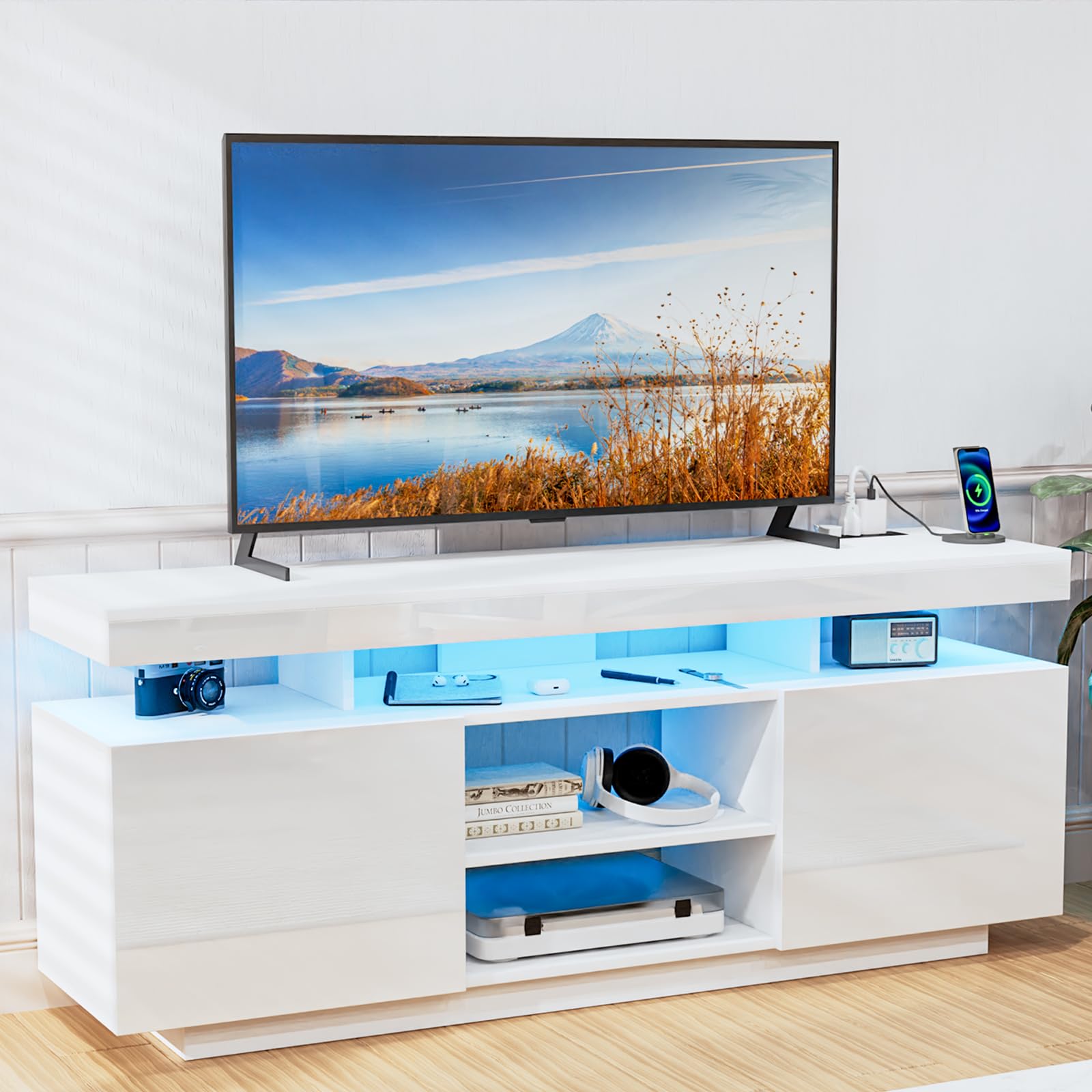 HOMMPA Modern LED TV Stand for 55 Inch TV, Black Tall TV Console with Power Outlet, Entertainment Center with Storage, High Gloss Gaming Media Console Cabinet for Living Room (47 Inch)