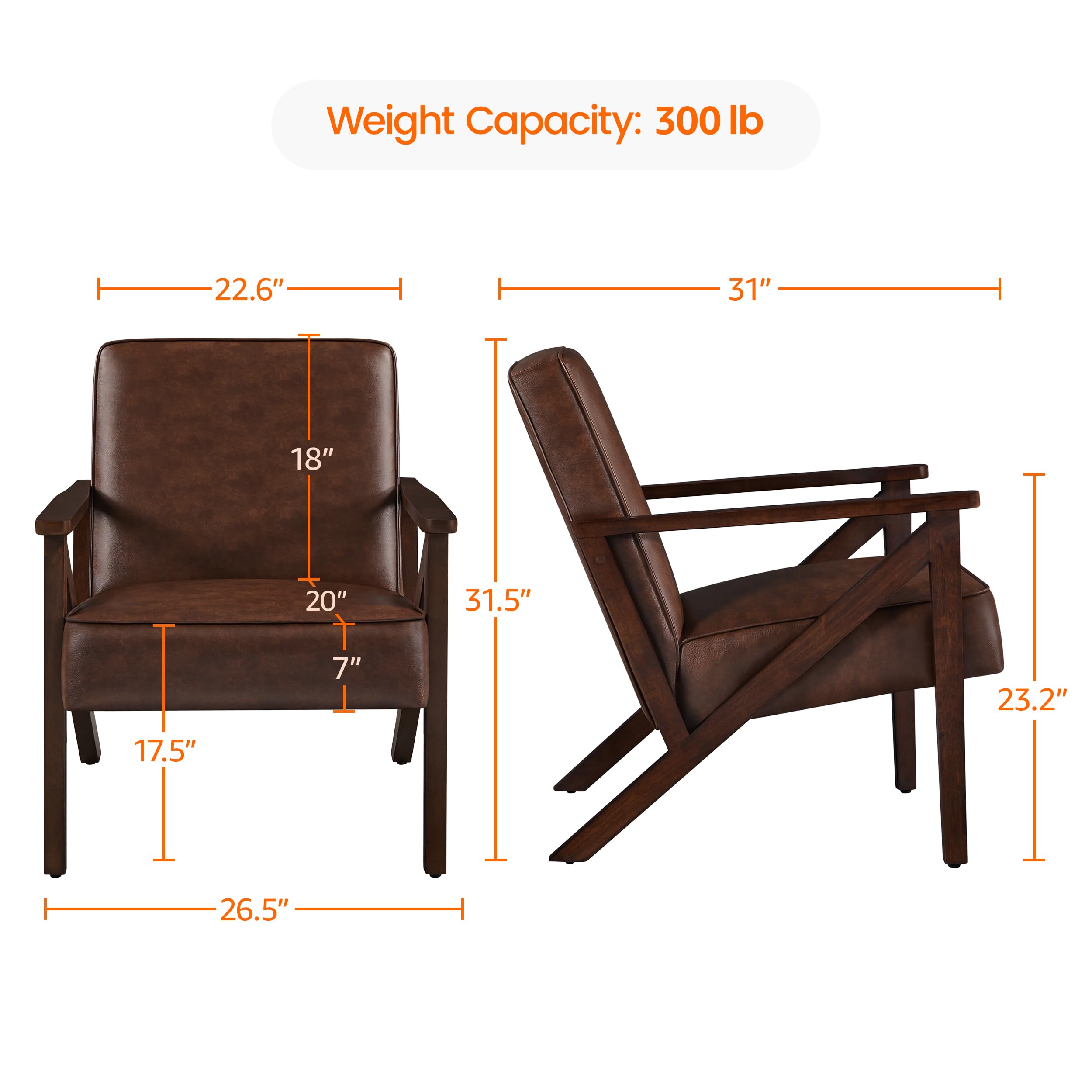 Yaheetech Accent Chair, PU Leather Reading Chair, Mid Century Modern Arm Chair with Solid Wood Frame for Living Room Bedroom Waiting Room, 2 Pieces, Black