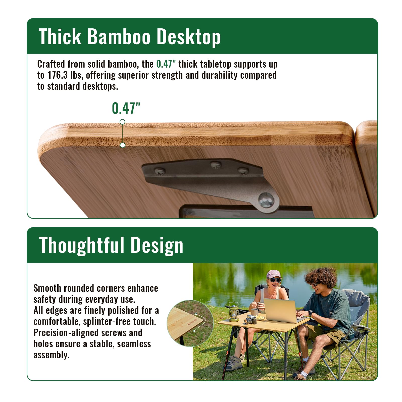 KingCamp Bamboo Folding Table, 4-Fold Camping Adjustable Height Portable Outdoor Lightweight & Compact Table with Aluminum Frame for RV Picnic BBQ Tailgating