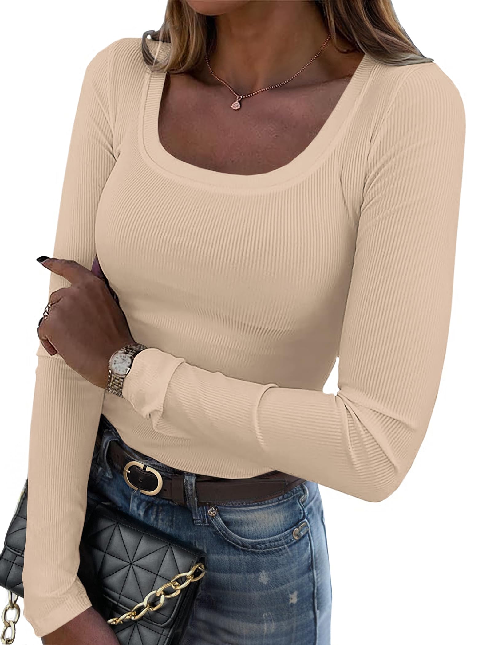 Zeagoo Women's Long Sleeve Scoop Neck Shirts Casual Slim Fit Rib Knit Tops Summer Fall Basic Business Work Tee