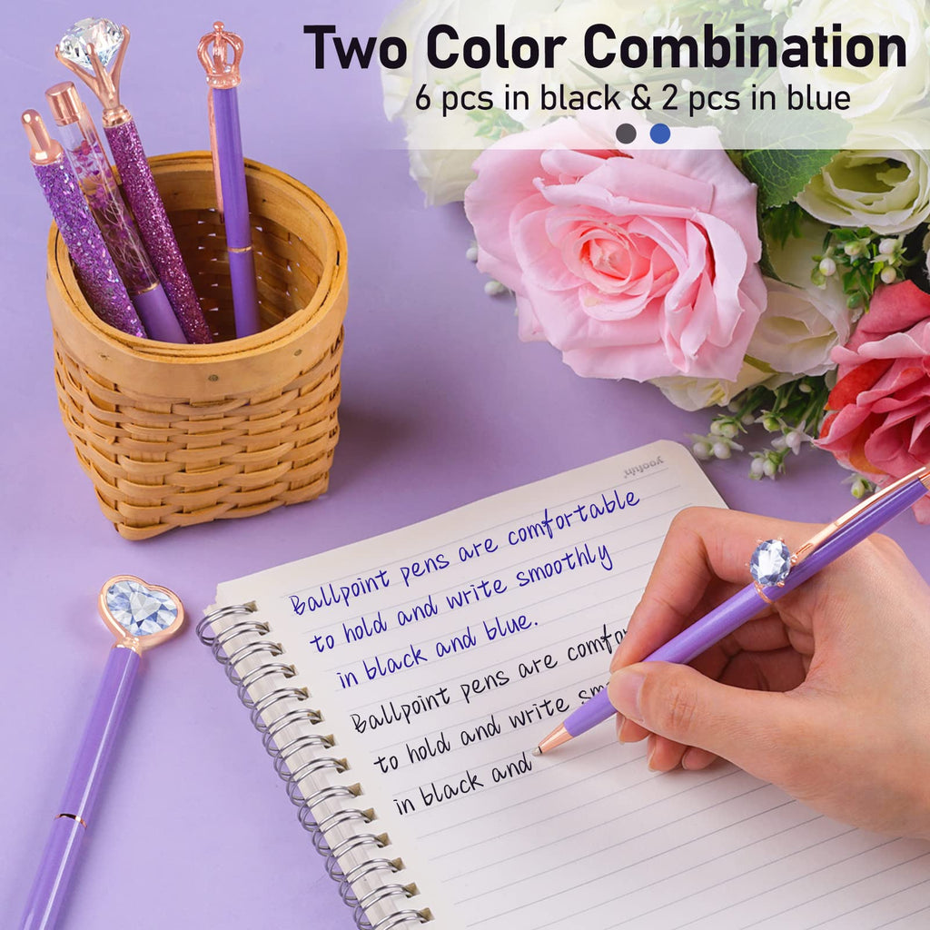 WEMATE 8Pcs Ballpoint Pens Set Metal Crystal Diamond Pen Glitter for Journaling Black Pen Bling in Black & Blue Ink Pretty Cute Pens Fancy Pens Gifts for Women Wedding School Office Desk(Black)