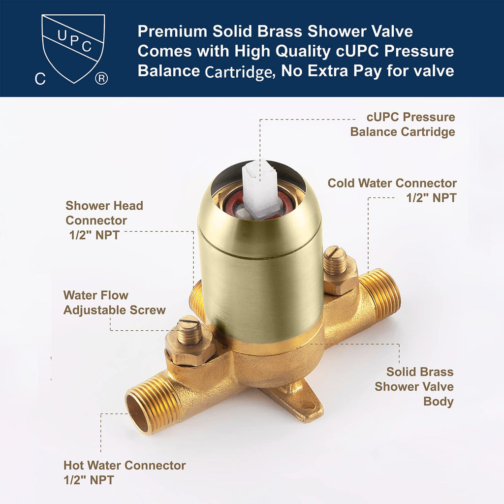 Shower Tub Kit Tub Shower Faucet Combo Set Bathtub Faucet Set Shower System with Tub Spout Shower Valve and Trim Kit Shower Fixtures Brushed Gold