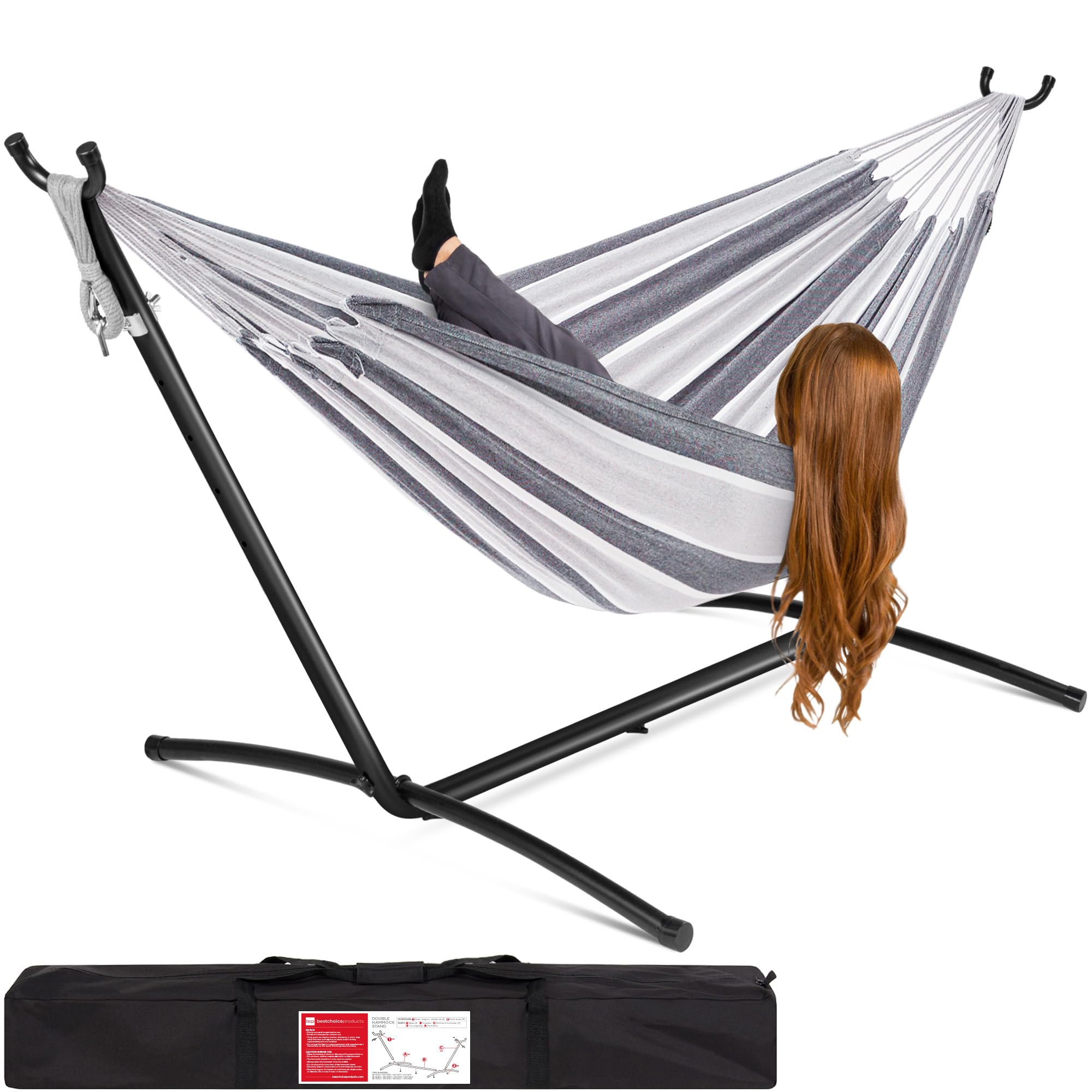 Best Choice Products Double Hammock with Steel Stand, Indoor Outdoor Brazilian-Style Cotton Bed w/Carrying Bag, 2-Person Capacity - Abyss