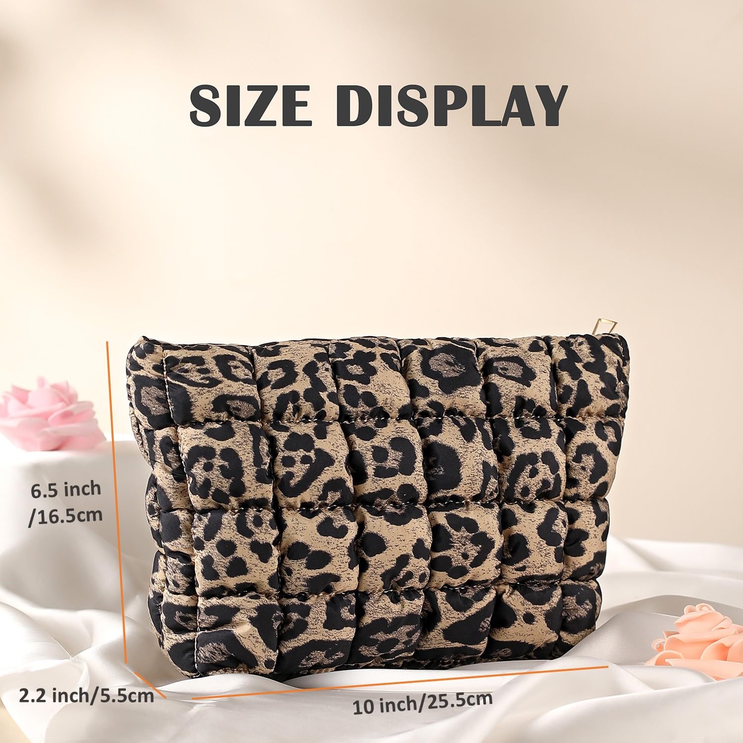 Puffy Quilted Makeup Bag for Women, Cosmetic Bag, Travel Toiletry Organizer Pouch Clutch (Black Flowers)