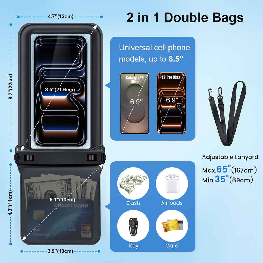 [Up to 8.5''] Floating Waterproof Phone Pouch 2 Pack, IPX8 Double Space Waterproof Phone Case with Lanyard for iPhone 17 16 15 Pro Max, Galaxy S26 Ultra, Cellphone Dry Bag Beach Cruise Ship Essentials