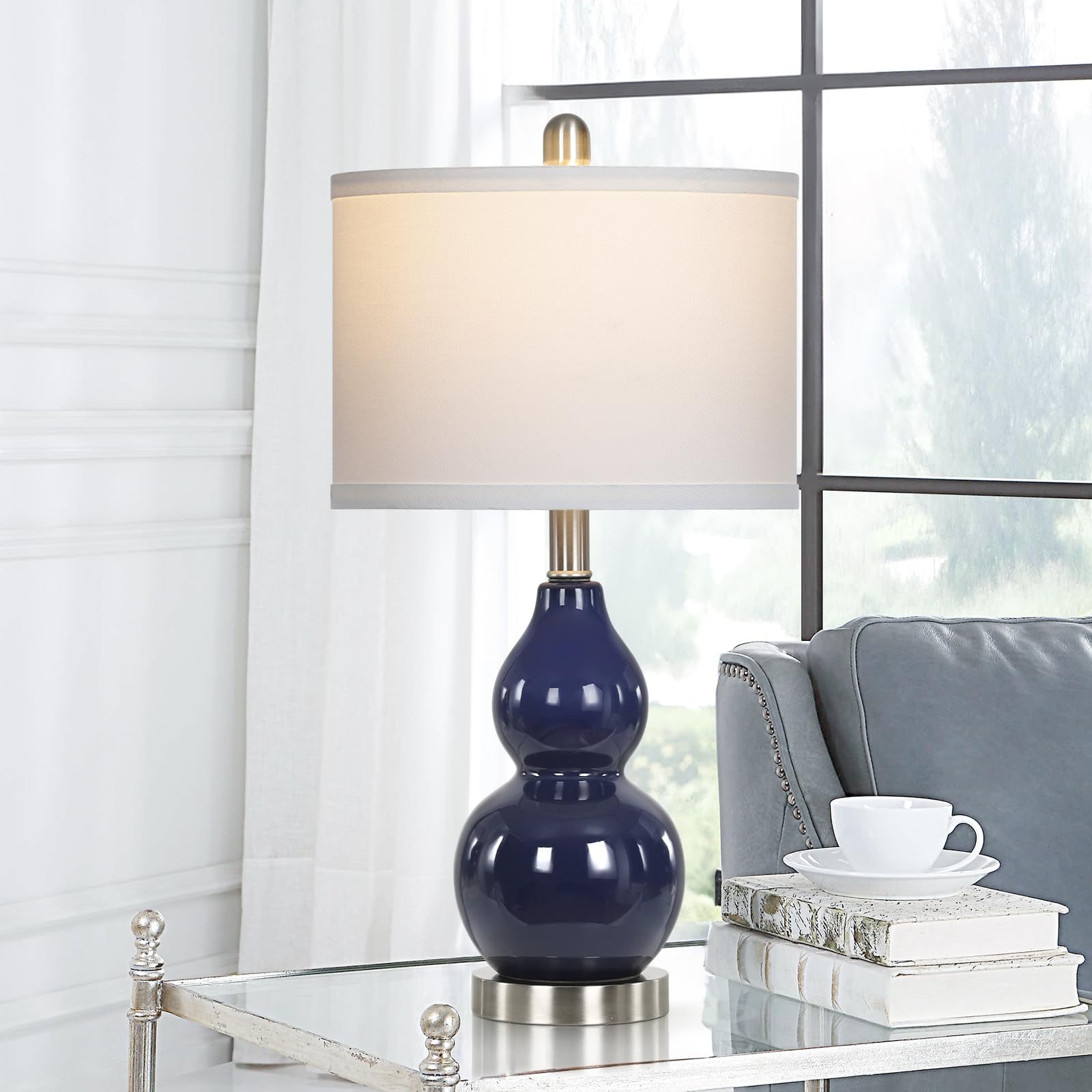 Rinweey Double Gourd Ceramic Table Lamps Set of 2, Modern Blue Bedside Lamps for Night Stand, Contemporary Nightstand Lamps for Bedroom Living Room (Bulb Included)