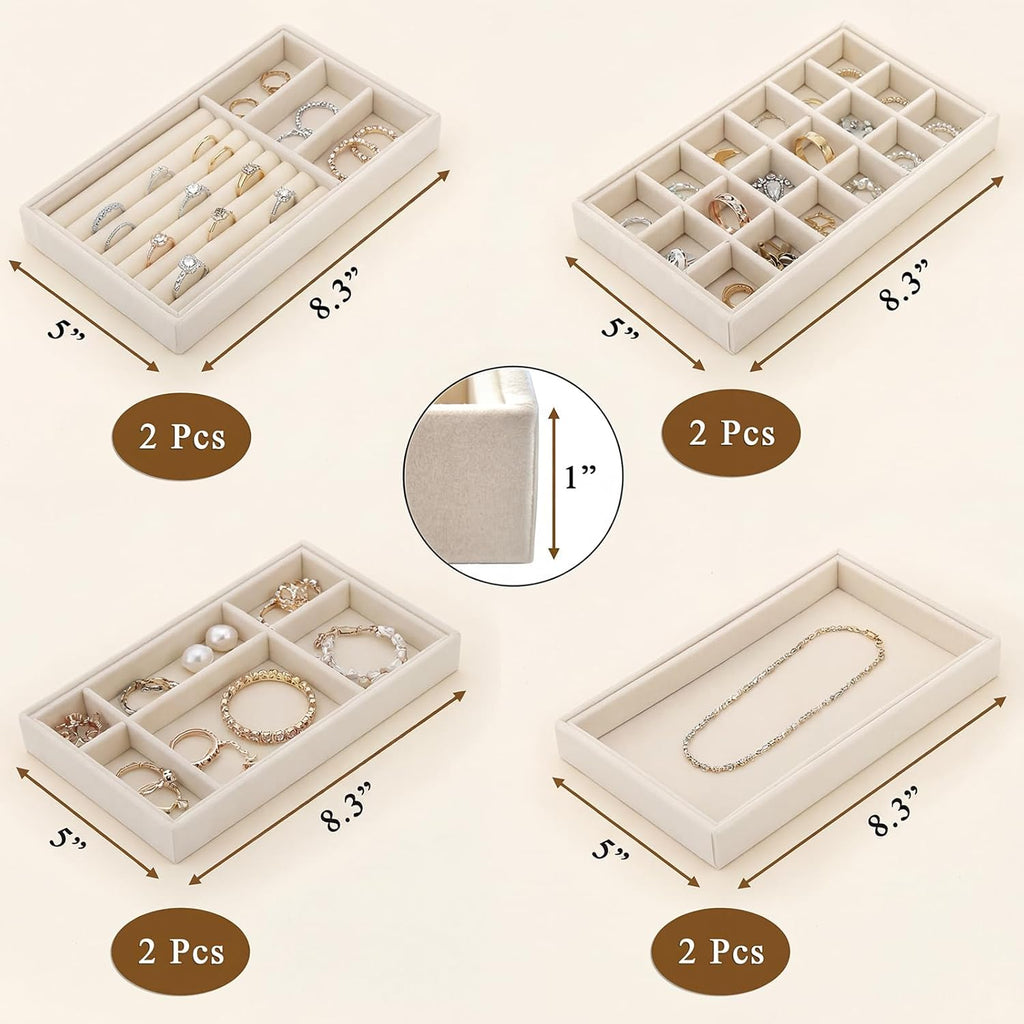 Elsjoy 8 Pack Velvet Jewelry Trays, Stackable Jewelry Organizer Trays for Drawers, Beige Jewelry Storage and Display Tray Inserts for Necklaces, Rings, Earrings