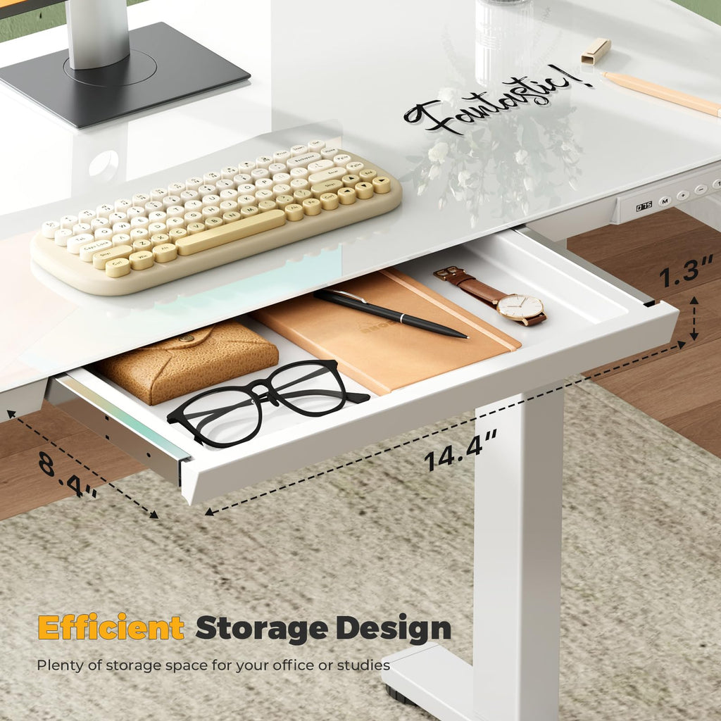 Glass Electric Standing Desk with Drawer, 35" x 20" Whole Piece Tabletop Samll Sit Stand Table, Height Adjustable Workstation with Storage & USB Ports, Quick Install Home Office Desk
