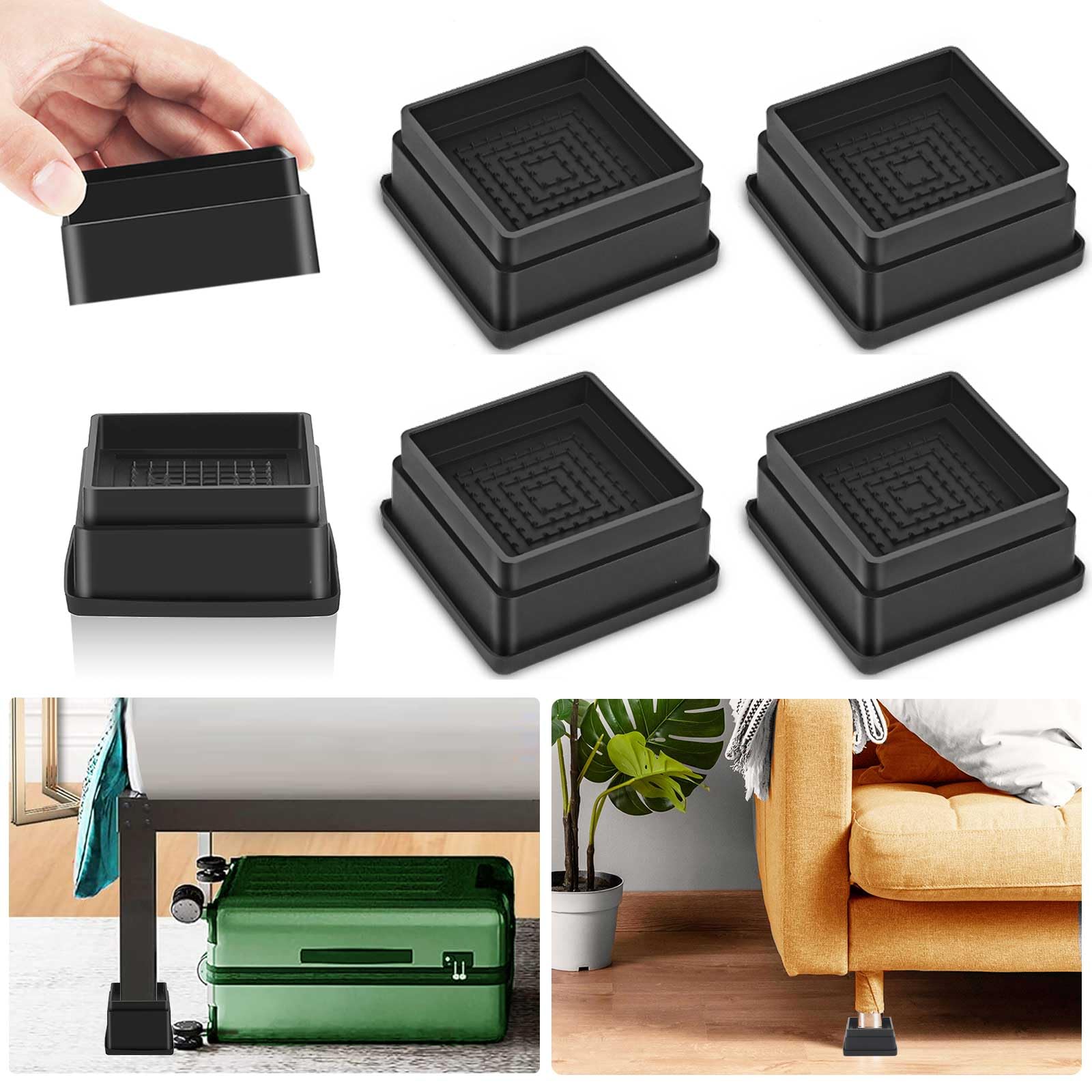 12 Pack Furniture Risers 1 Inch, Adjustable Bed Risers Heavy Duty for Table Desk Couch Chair Sofa Cabinet Bed Frame Dorm, Square Stackable Table Leg Risers Lift Height 1", 2" or 3", Black