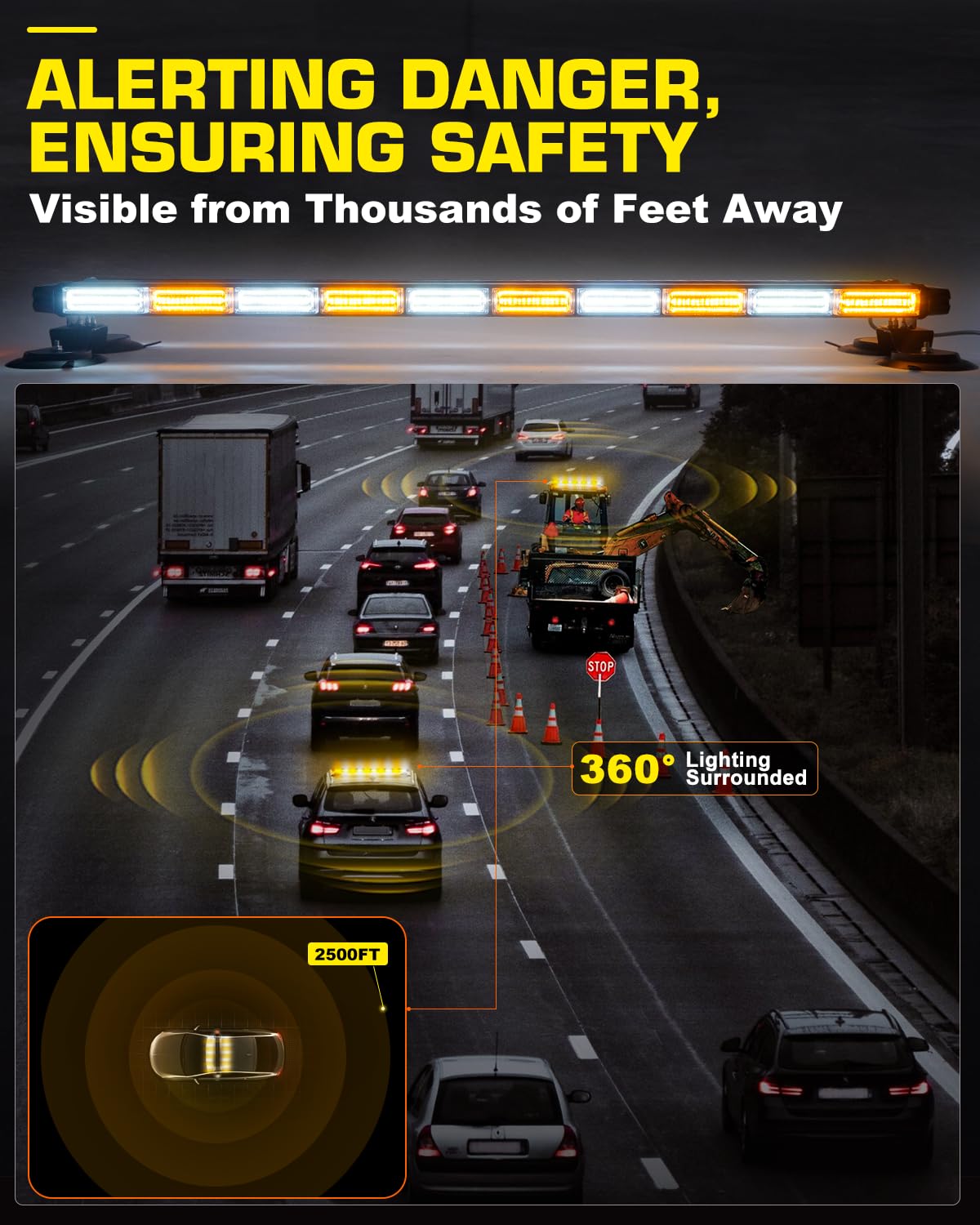 42" Roof Top Strobe Light Bar Amber White Emergency Traffic Advisor Lights, Double Side Warning Safety Flashing w/Magnetic Mount for Construction Vehicles Plow Trucks Pickup, Amber/White