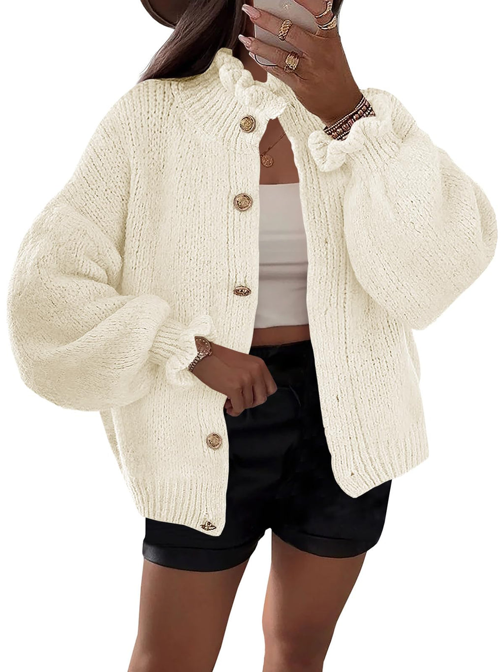 Saodimallsu Womens Ruffle Cardigan Oversized Button Up Fall Trendy Ribbed Knit Open Front Long Sleeve Loose Cute Sweater