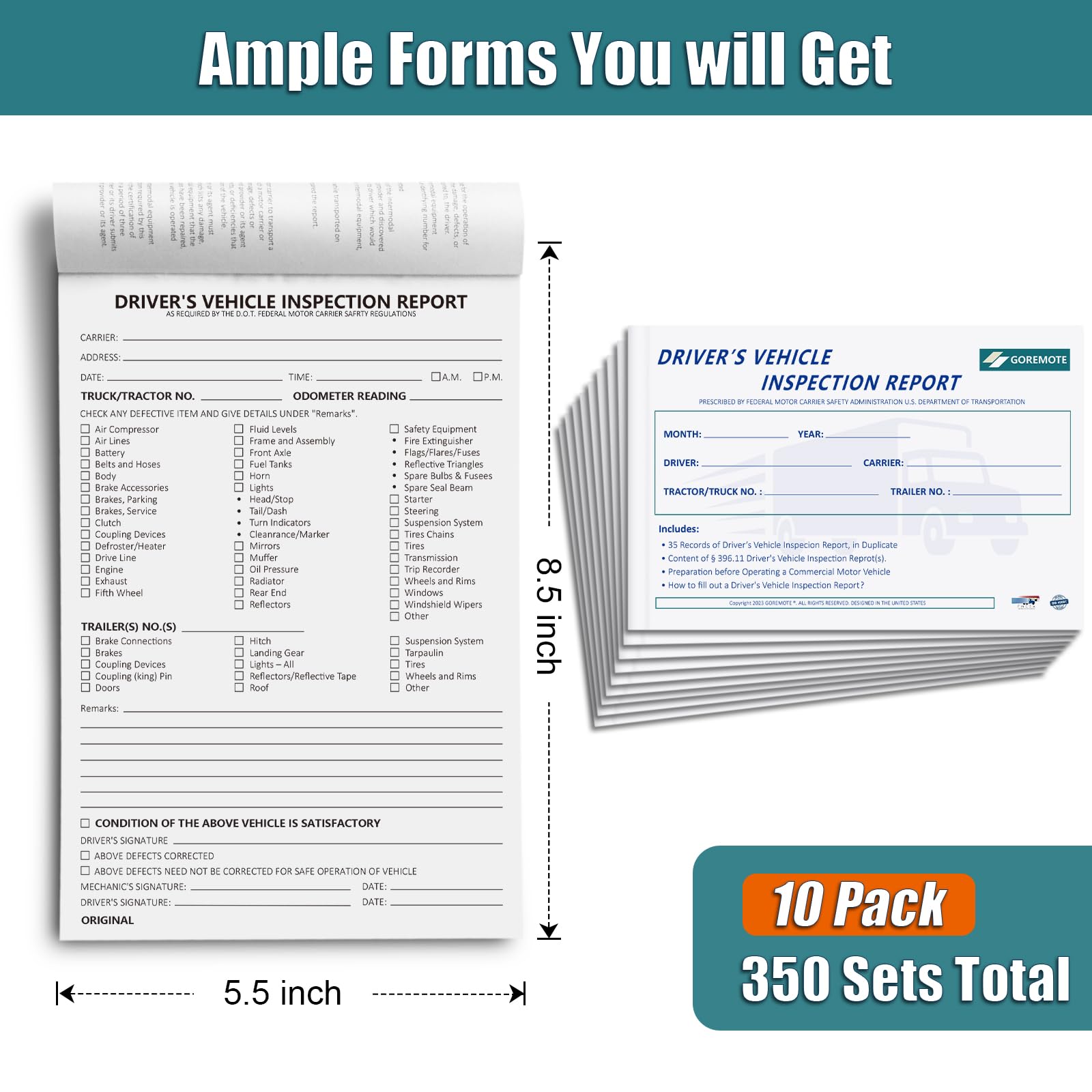 Detailed Driver's Vehicle Inspection Report, Daily Pre Trip Inspection Book for Trucker, 2-Ply Carbonless, 35 Sets of Forms per DVIR Log Book for Truck Drivers, 8.5" x 5.5", 1 Pack