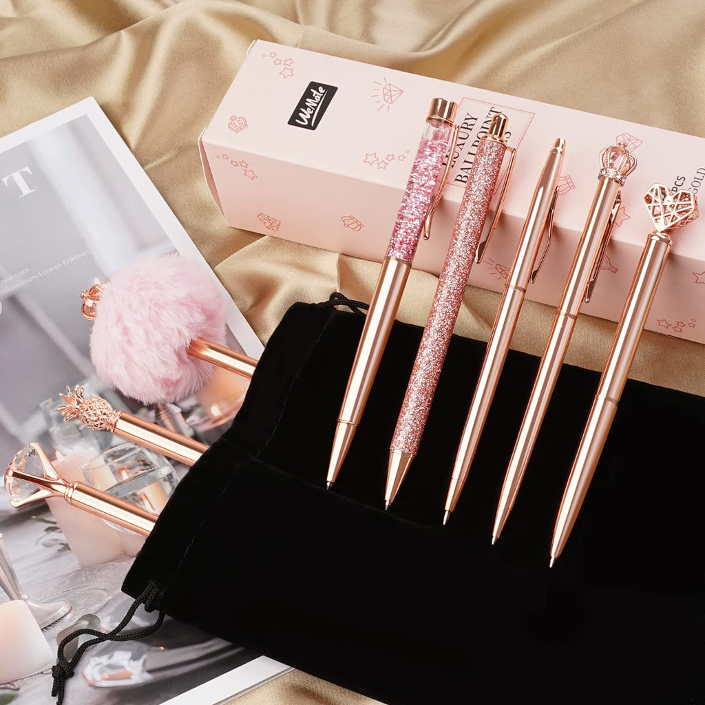 WEMATE 8Pcs Ballpoint Pens Set Metal Crystal Diamond Pen Glitter for Journaling Black Pen Bling in Black & Blue Ink Pretty Cute Pens Fancy Pens Gifts for Women Wedding School Office Desk(Black)