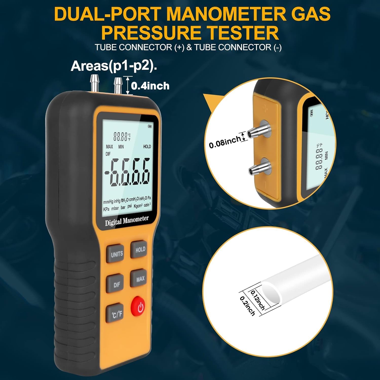 Manometer, Professional Air Pressure Meter, Dual-Port HVAC Digital Manometer Gas Pressure Tester,12 Selectable Units Differential Pressure Gauge, (Included Battery)