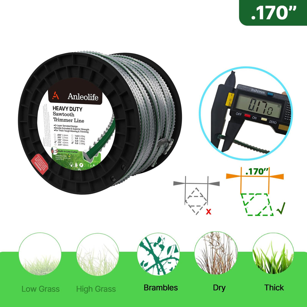 A Anleolife 1-Pound Heavy Duty Sawtooth 140-mil-by-108-ft Dual Core String Serrated Trimmer Line Donut for Walk Behind Wheeled Mowers with Built-in Line Cutter