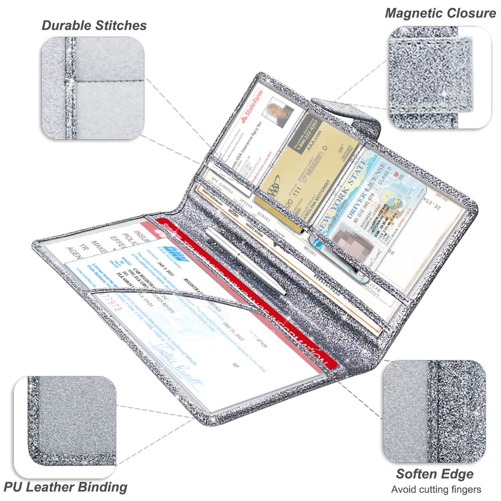 RSAquar Car Registration and Insurance Holder, Vehicle Glove Box Organizer Cool Car Accessories, Auto Truck Document Holder for Cards, Driver License, Black Glitter