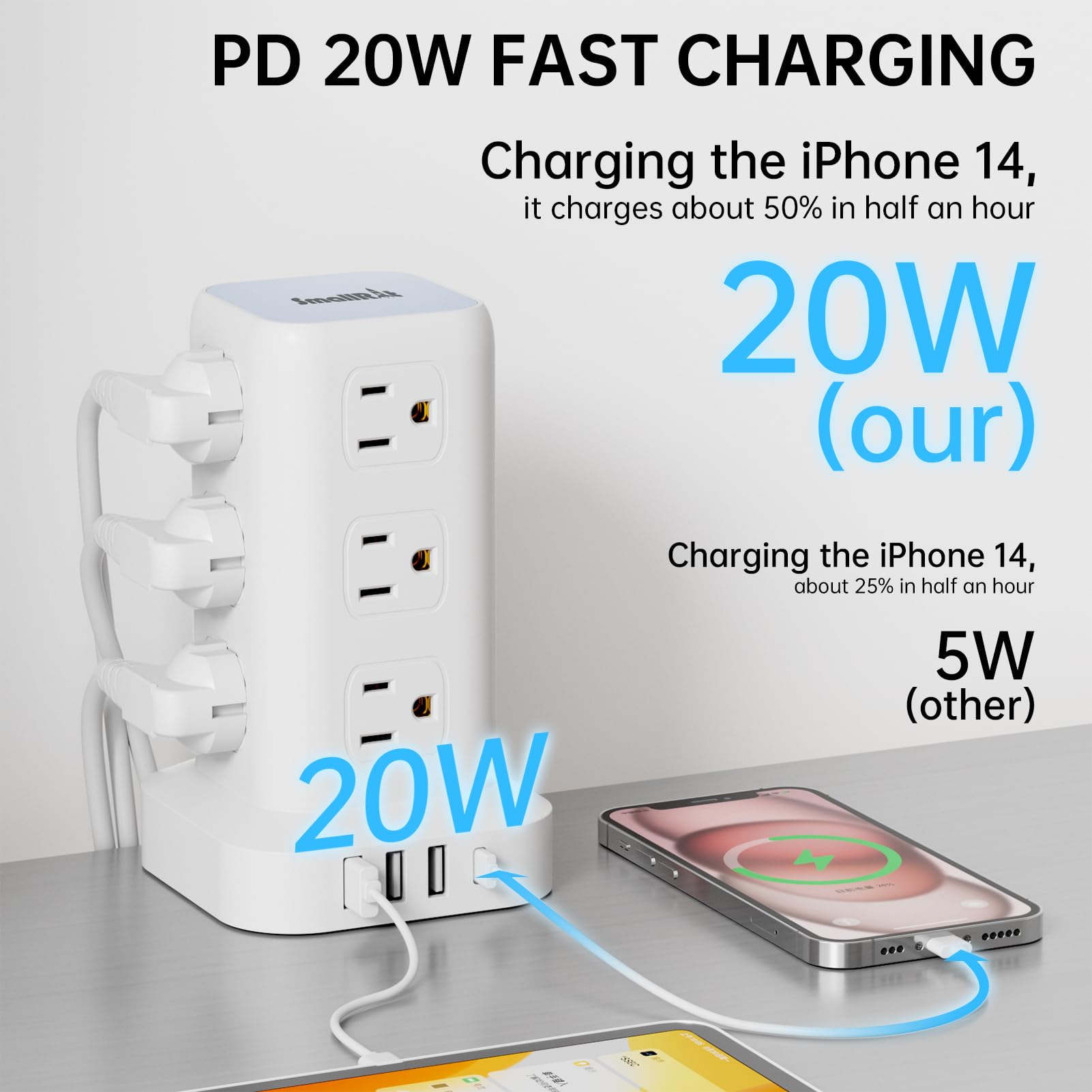 Tower Surge Protector Power Strip with 12 Outlets 4 USB (1 USB C), 6.5Feet Extension Cord with Multiple Outlets, Charging Station, Power Strip Tower, Office Desk Supplies