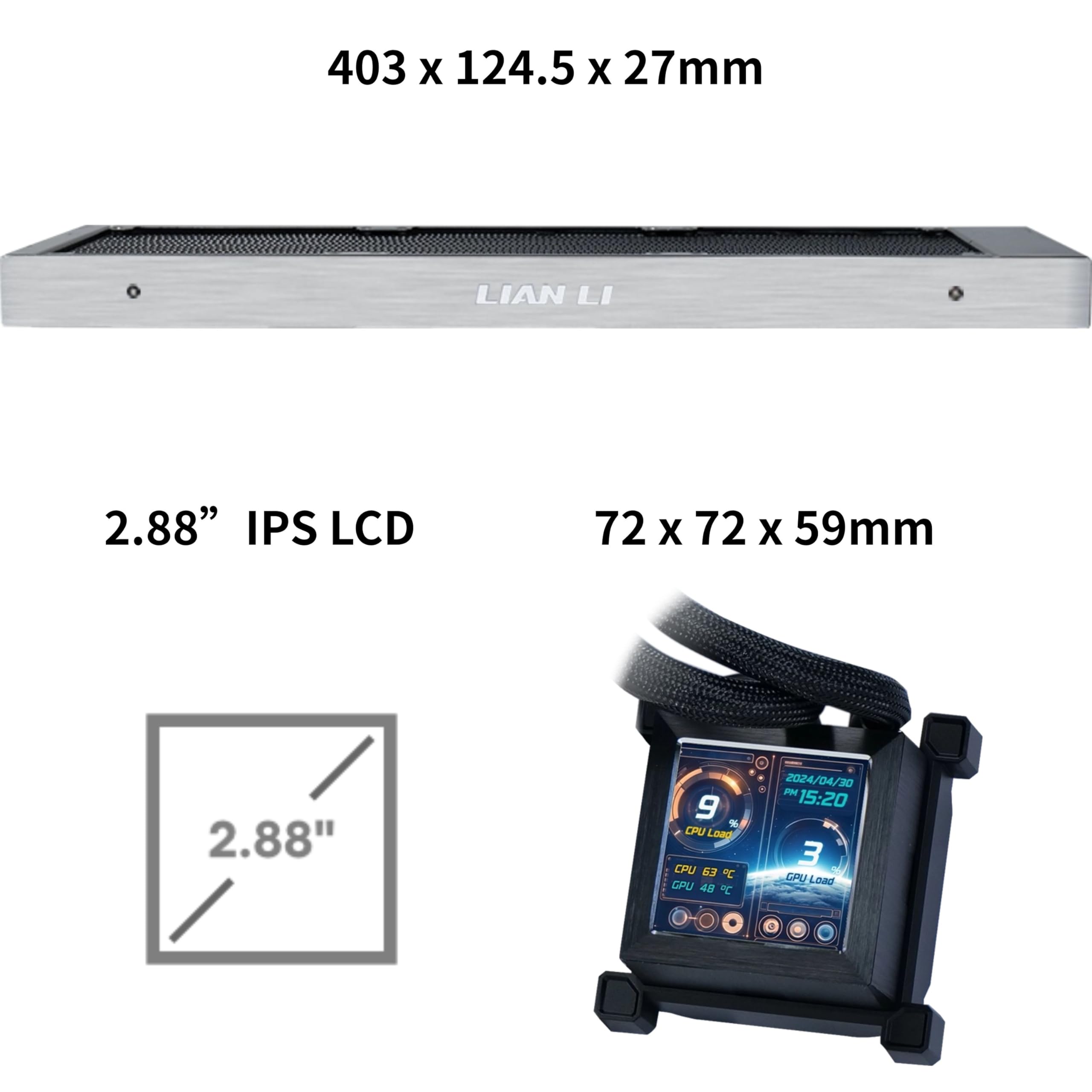 Lian Li Hydroshift LCD 360 Liquid Cooler - Flexible Side-Mounted Coolant Pathway, 2.88” LCD Screen - 480 x 480 Res. - Captured Screenshots or Recorded Videos - Fits Most PC Fans - Black (HSLCD36NB)