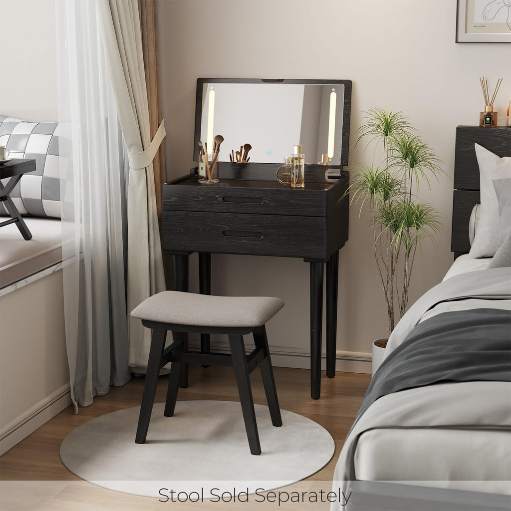 Muwuele Solid Wood Small Vanity Desk with Mirror and Lights, Narrow Makeup Vanity for Small Space, Flip Top Vanity Side Table, 3 Color Modes & Adjustable Brightness, 19.6" Slim Dressing Table, Black