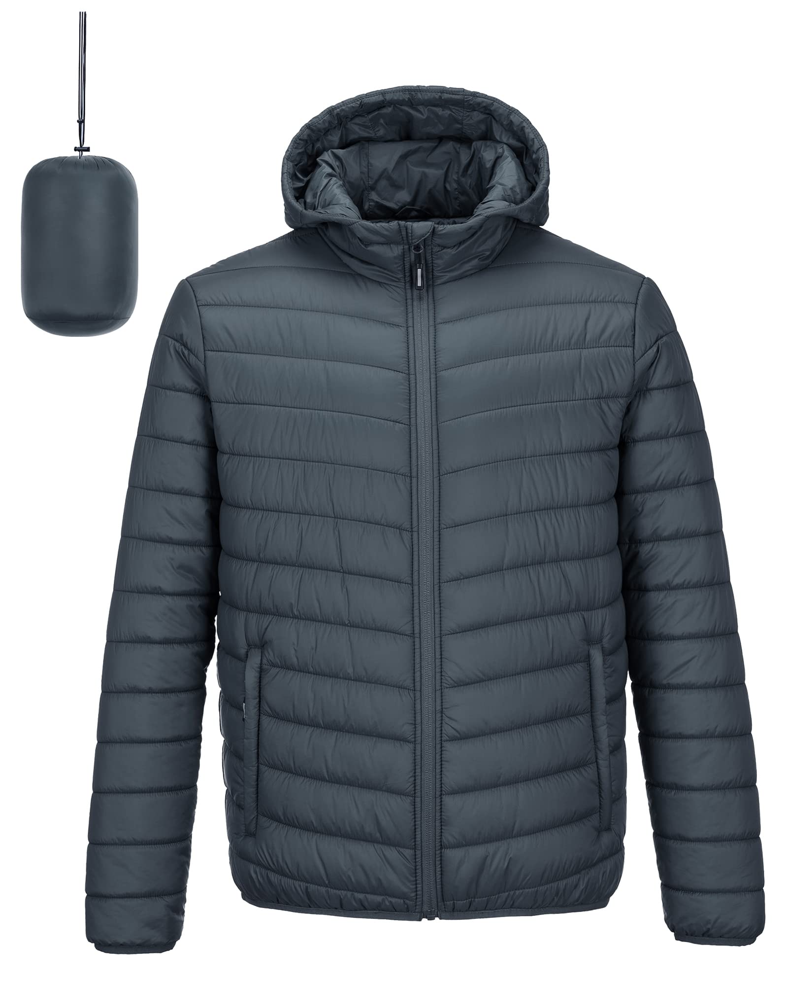 Outdoor Ventures Men's Lightweight Packable Hooded Puffer Jacket Insulated Winter Coat for Snow Ski Traveling