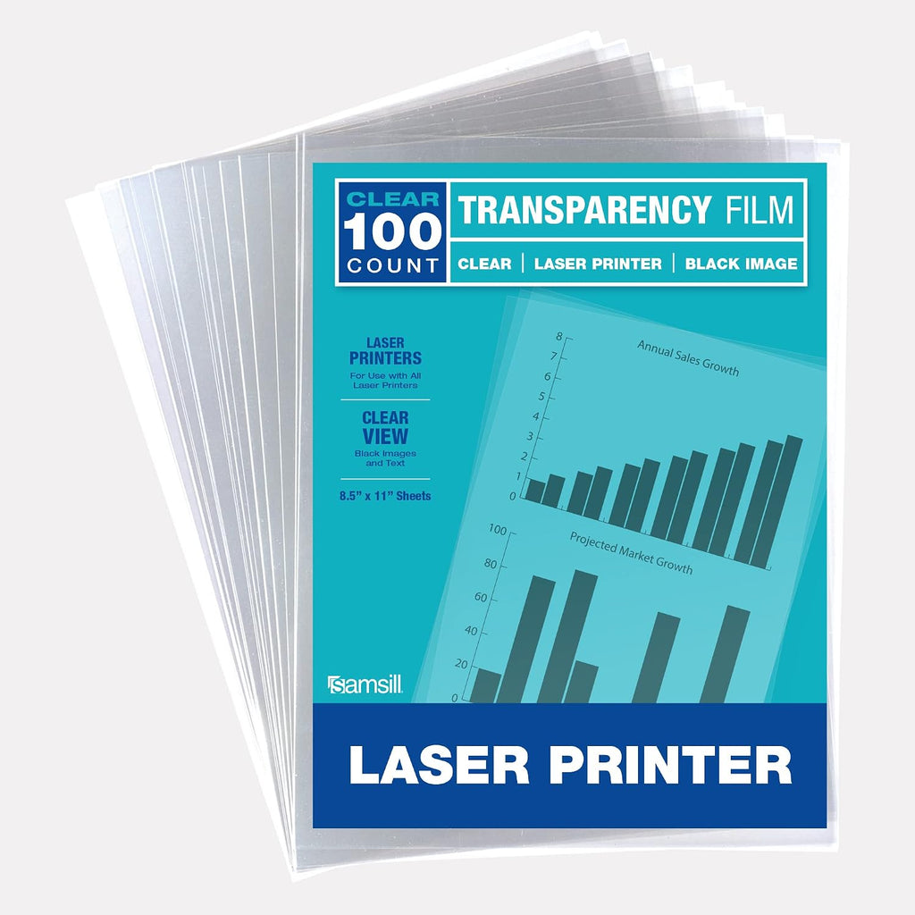 Samsill 100 Pack Transparent Printer Sheets, Projector Film, Clear Transparency Film for Laser Jet Printers, 8.5 x 11 Inch Sheets - Black Image Only,