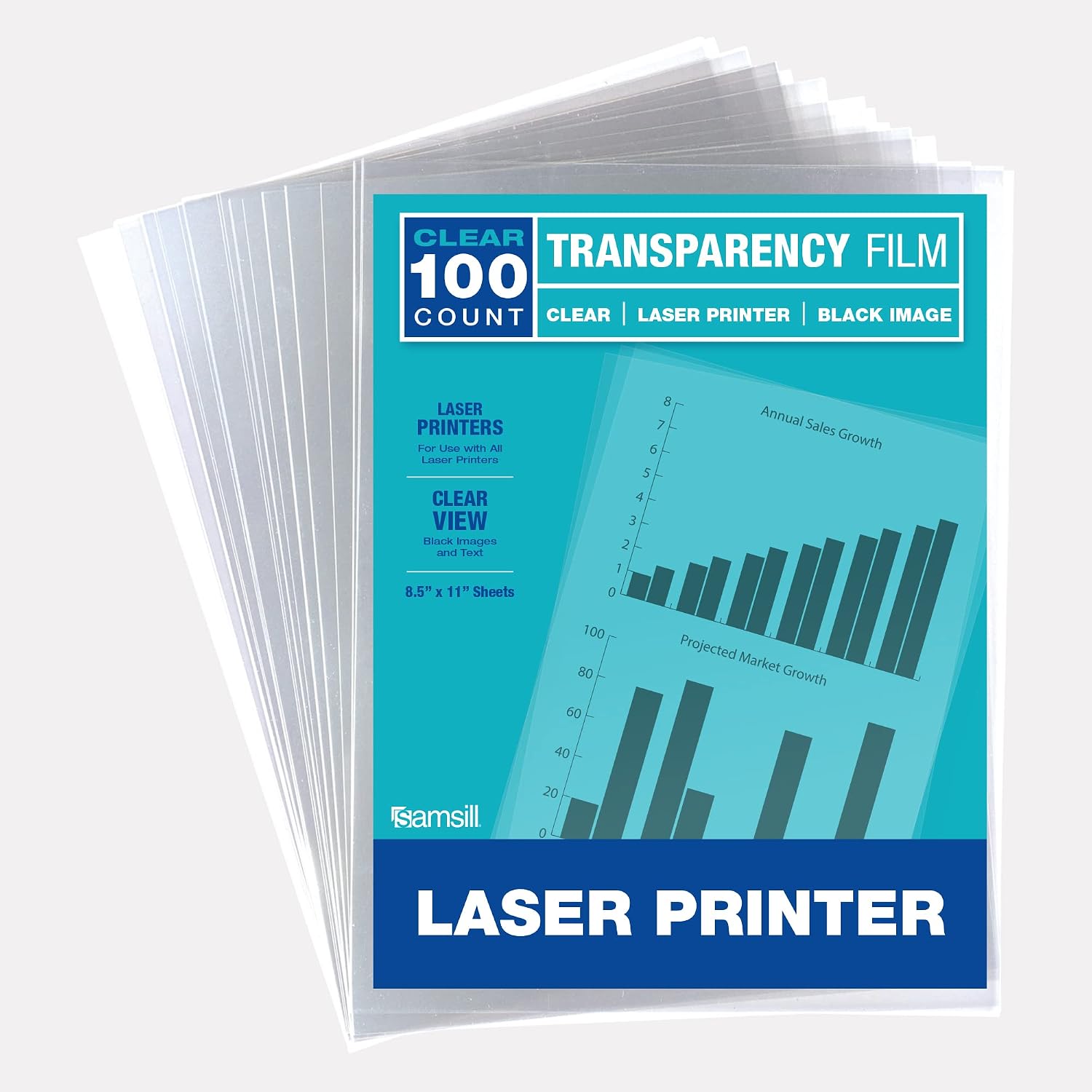 Samsill 100 Pack Transparent Printer Sheets, Projector Film, Clear Transparency Film for Laser Jet Printers, 8.5 x 11 Inch Sheets - Black Image Only,