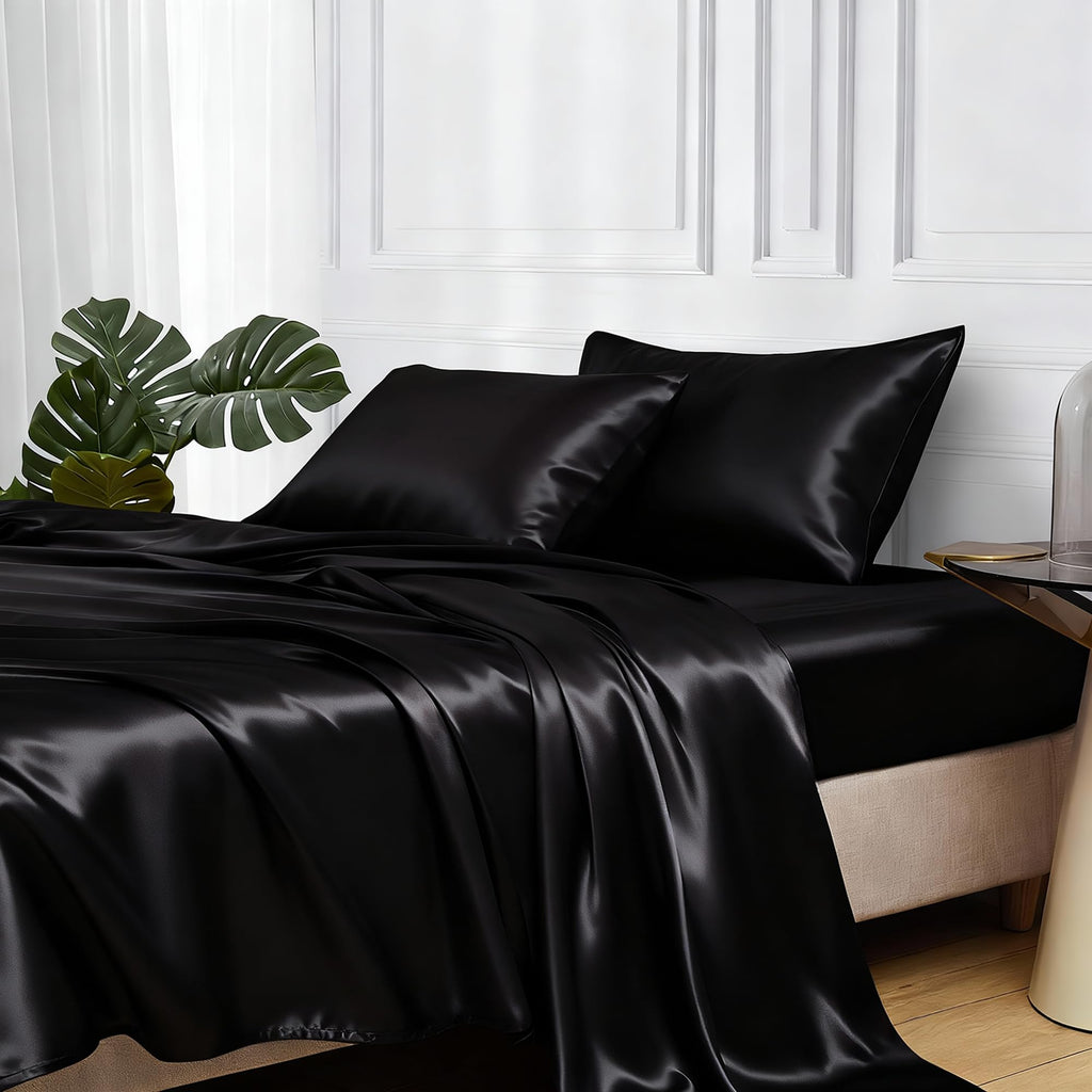 MR&HM Satin Sheets with Elastic Corner Straps, Twin Size 3-Piece Silky Bedding Set, Deep Pocket 15 Inches, Good for Hair & Skin (Twin, Black)