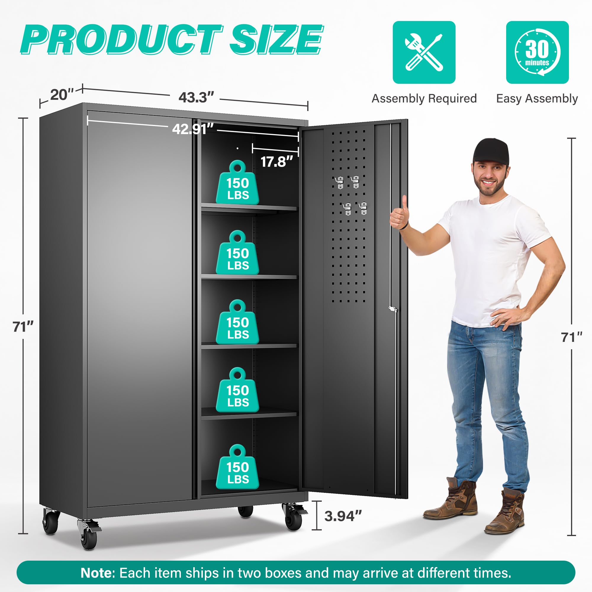 SISESOL Wide & Deep Metal Storage Cabinet with Wheels,Tall Rolling Garage Storage Cabinet with Lock,Black Metal Cabinets with Pegboards and Shelves,Tool Locker for Garage,Home,Office,43''Wx 20''Dx71"H