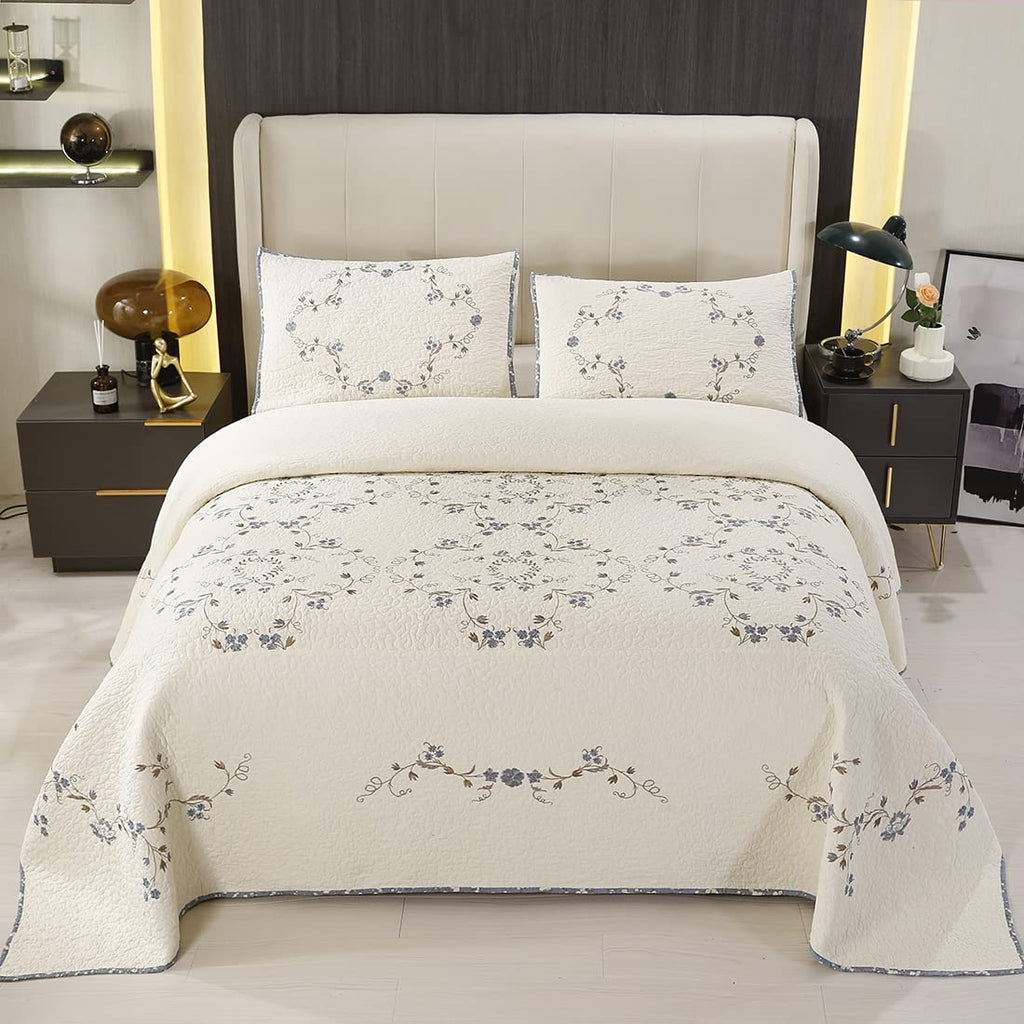 vctops 3-Piece Floral Embroidered Bedspread Coverlet Set Twin Size 100% Cotton Reversible Patchwork 1 Quilt and 2 Pillow Shams (Flower,Twin)