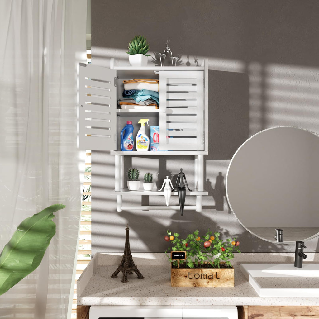 AmazerBath Bathroom Wall Cabinets, Bamboo Medicine Cabinet with Rattan Door, Over The Toilet Storage Cabinet with Towel Bar, Wall Mounted Cabinet with Adjustable Shelves for Small Spaces