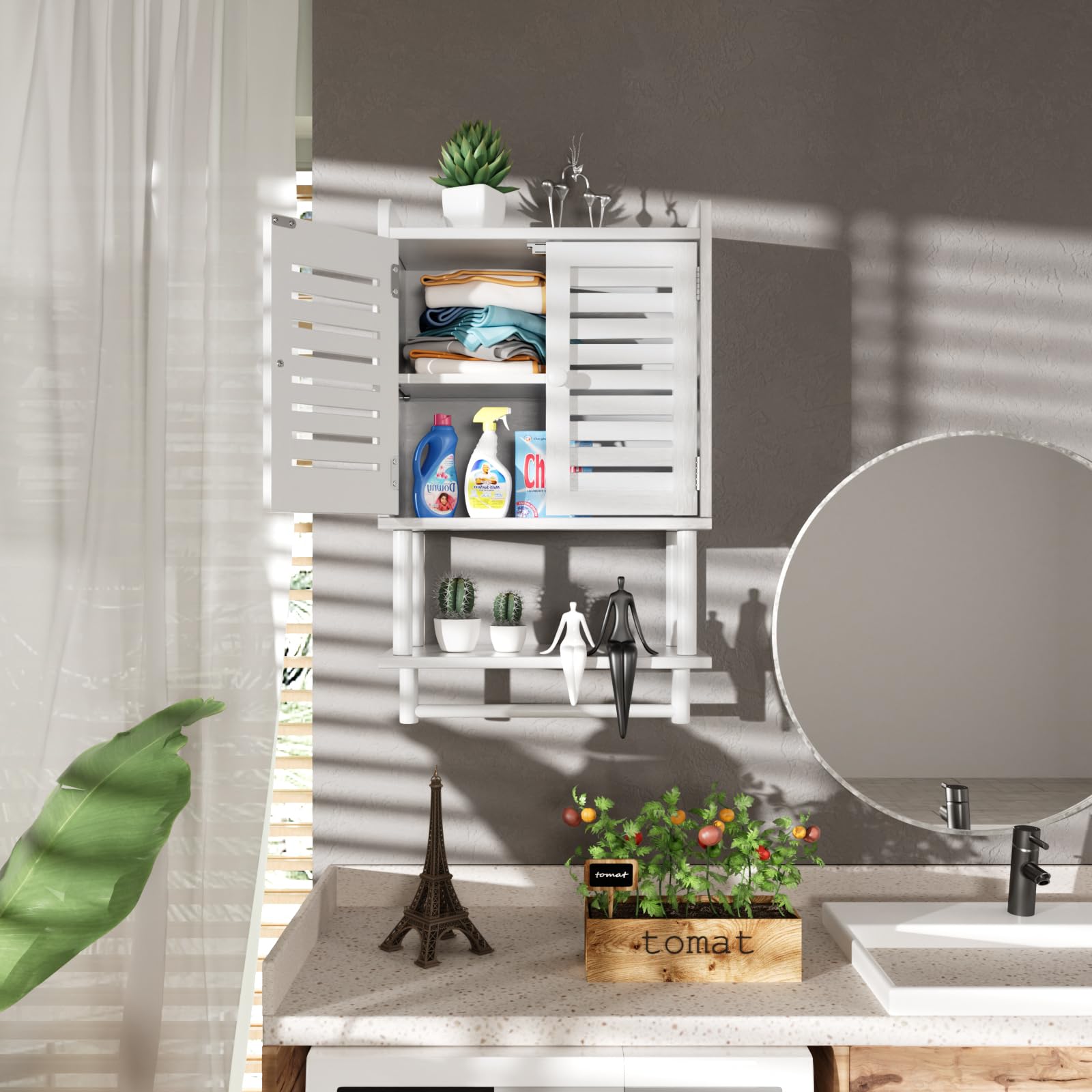 AmazerBath Bathroom Wall Cabinets, Bamboo Medicine Cabinet with Rattan Door, Over The Toilet Storage Cabinet with Towel Bar, Wall Mounted Cabinet with Adjustable Shelves for Small Spaces
