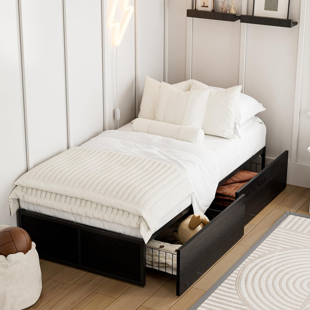 GAZHOME Twin Bed Frame with 2 XL Storage Drawers, Metal Platform Bed Frame with Footboard, 9 Strong Metal Slat Support/No Box Spring Needed/Easy Assembly/Space Saving Wood