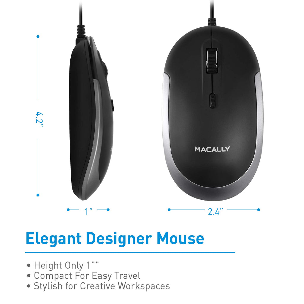 Macally Wired USB C Mouse for Mac and PC - Slim, Quiet, and Reliable - Type C Mouse for MacBook Pro/Air, iMac, Apple iPad, Laptop, Computer Desktop with 3 Button, Scroll Wheel, USBC, and 4 DPI Mode
