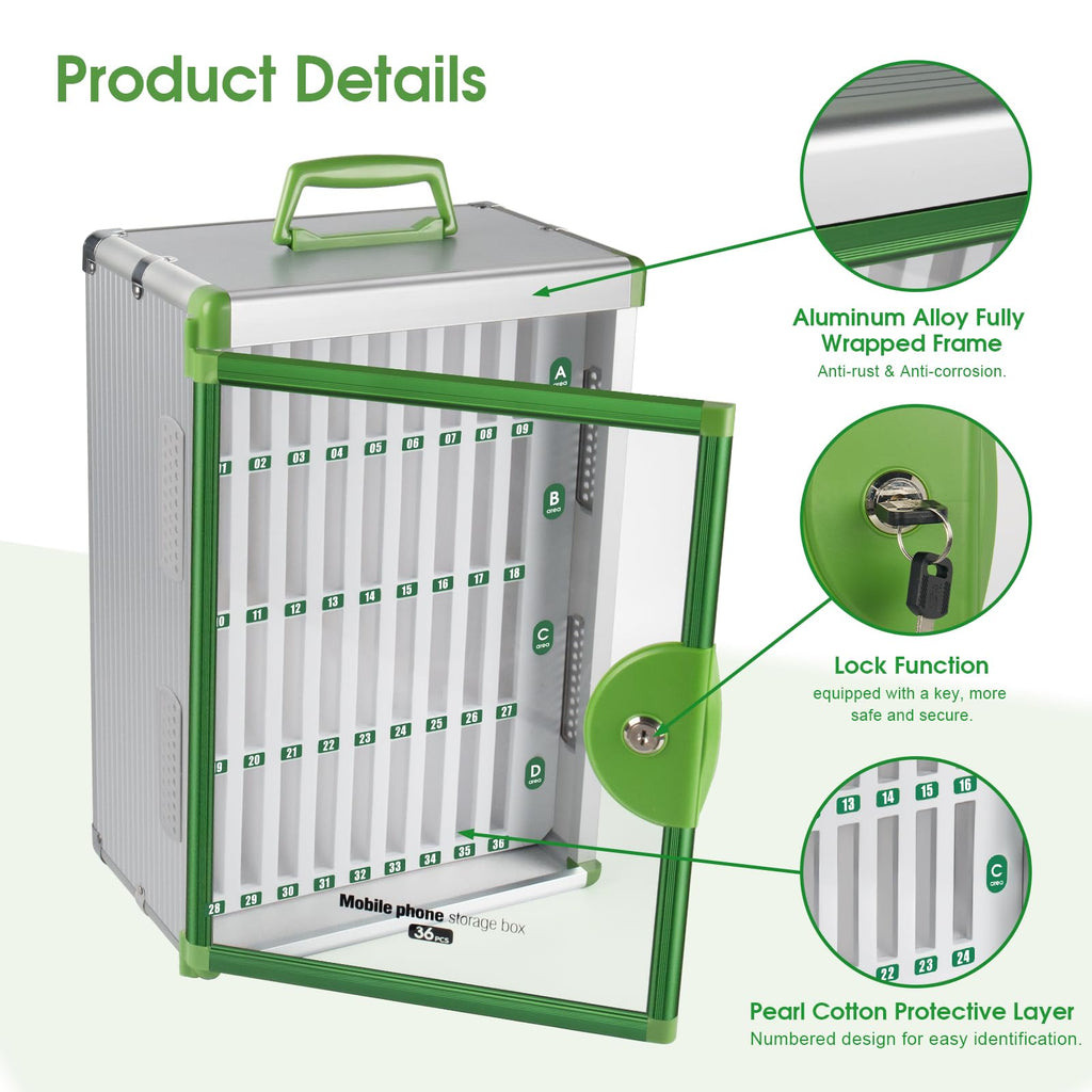 Glosen Cell Phone Locker 24 Slots, Portable Phone Storage Cabinet [Wall Mounted] [Silver 24 Slots-Universal Key ] Aluminum Alloy Cellphone Lock Box with Key & Handle for School Classroom Office Exam