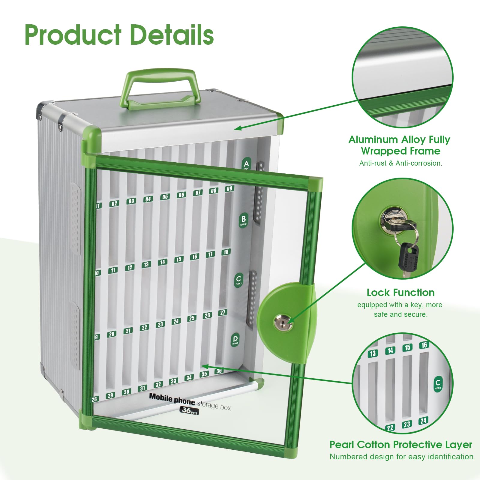 Glosen Cell Phone Locker 24 Slots, Portable Phone Storage Cabinet [Wall Mounted] [Silver 24 Slots-Universal Key ] Aluminum Alloy Cellphone Lock Box with Key & Handle for School Classroom Office Exam