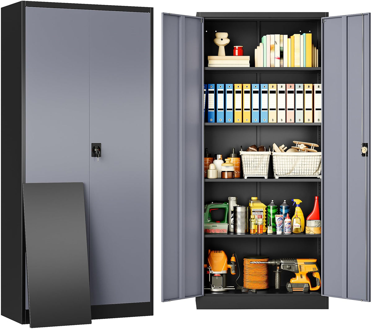 SISESOL Wide & Deep Metal Storage Cabinet with Wheels,Tall Rolling Garage Storage Cabinet with Lock,Black Metal Cabinets with Pegboards and Shelves,Tool Locker for Garage,Home,Office,43''Wx 20''Dx71"H