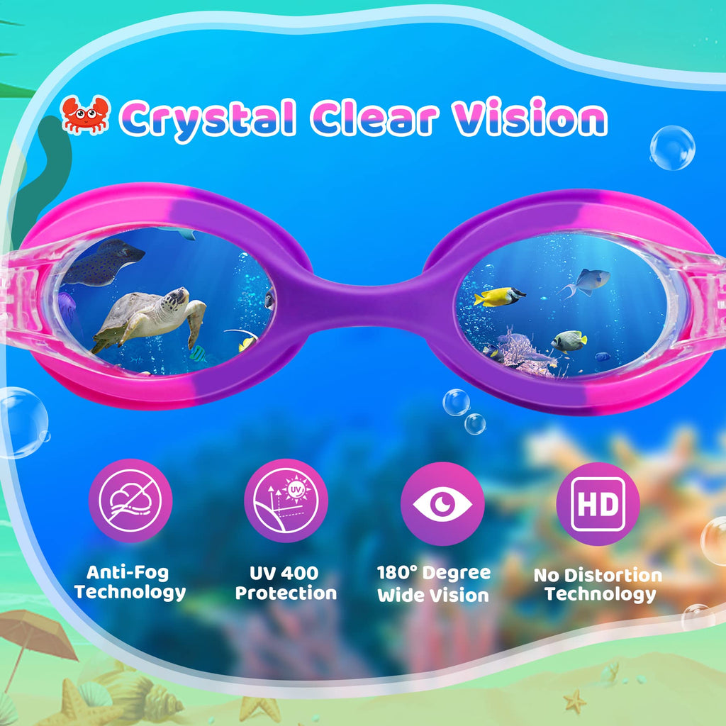 Vvinca Kids Swim Goggles with Fabric Strap No Tangle Pain-Free, Anti-Fog Swimming Pool Goggle No Leak for Toddlers Girls Boys