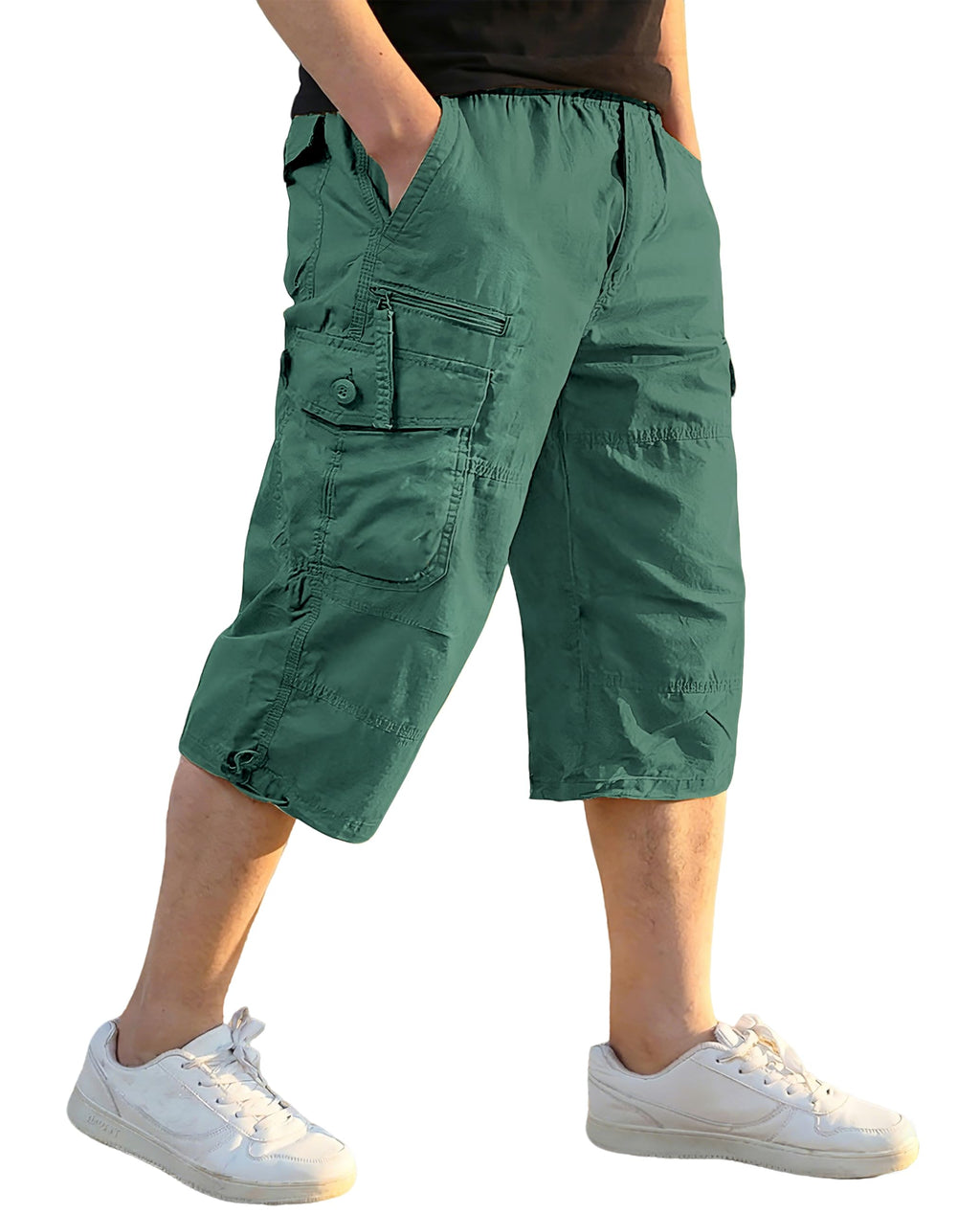 EKLENTSON Men's Cargo Shorts Casual Twill Elastic 3/4 Capri Pants Below Knee Long Shorts with 7 Pockets