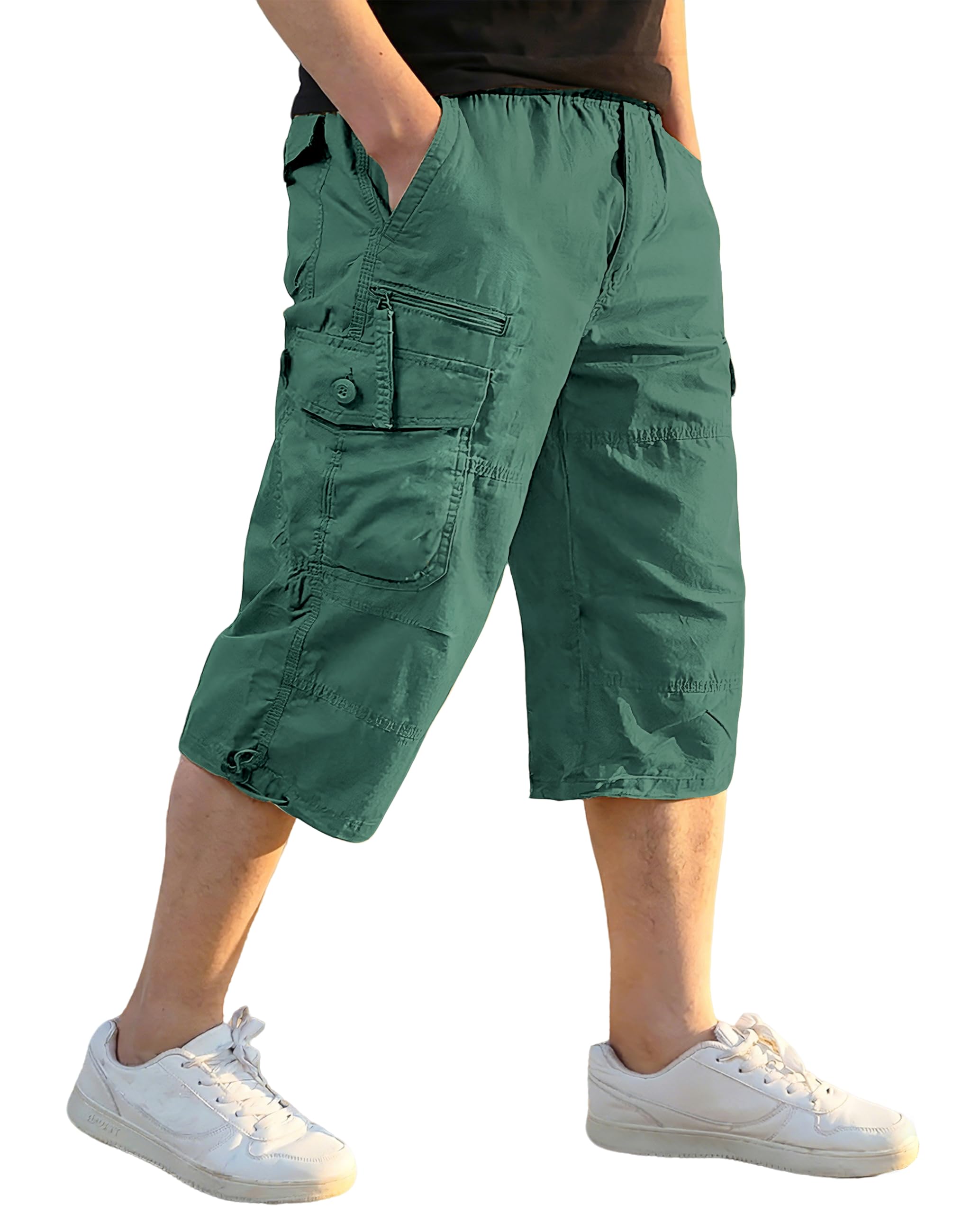 EKLENTSON Men's Cargo Shorts Casual Twill Elastic 3/4 Capri Pants Below Knee Long Shorts with 7 Pockets