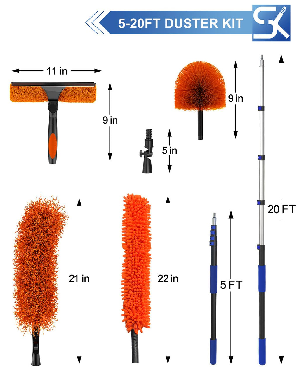 26 Foot High Reach Duster Kit with 5-20 ft Telescoping Extension Pole, High Ceiling Duster, Cobweb Duster, Window Squeegee, Feather Duster, Outdoor & Indoor Extendable Duster Cleaning Kit